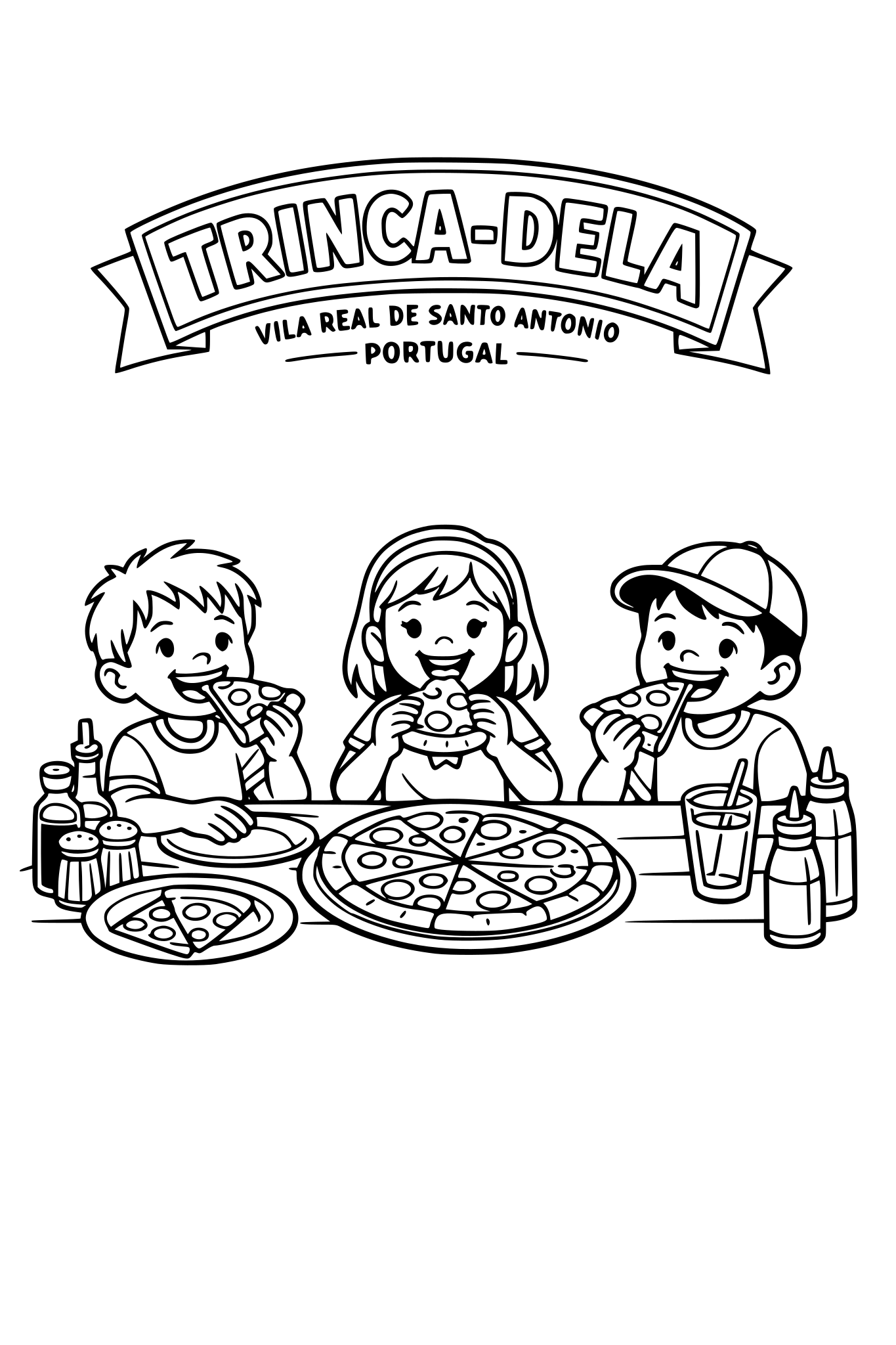Kids eating pizza at an outside pizza restaurant called Trinca-Dela in Vila Real de Santo Antonio, Portugal