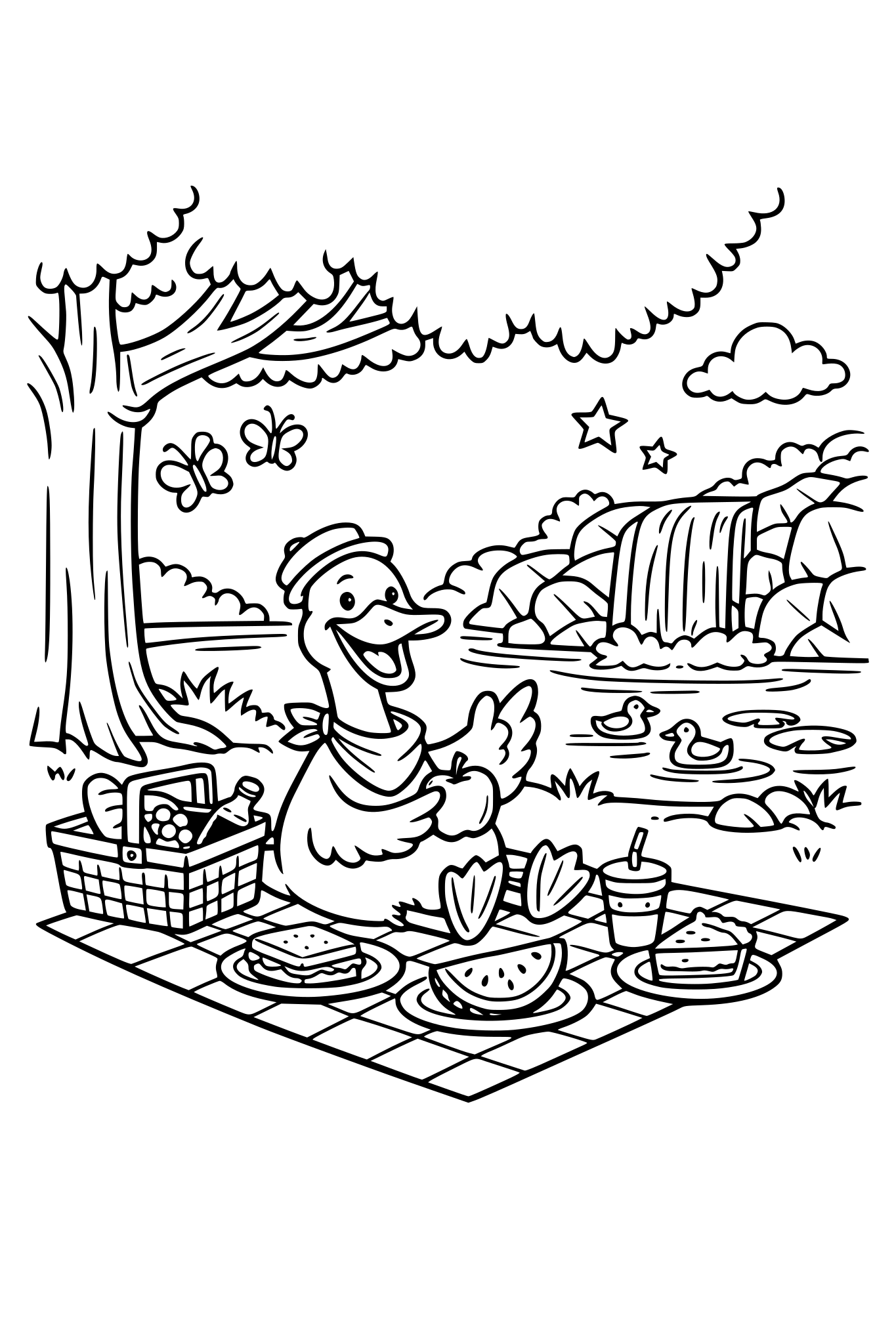 a silly goose near a pond with a waterfall having a picnic under a tree