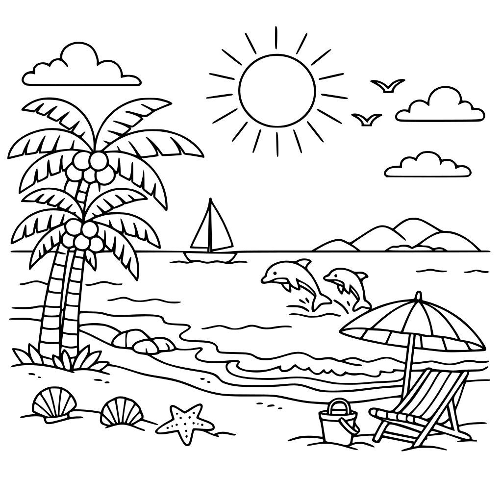 buatkan gambar mewarnai alam pantai dan lautan yang indah