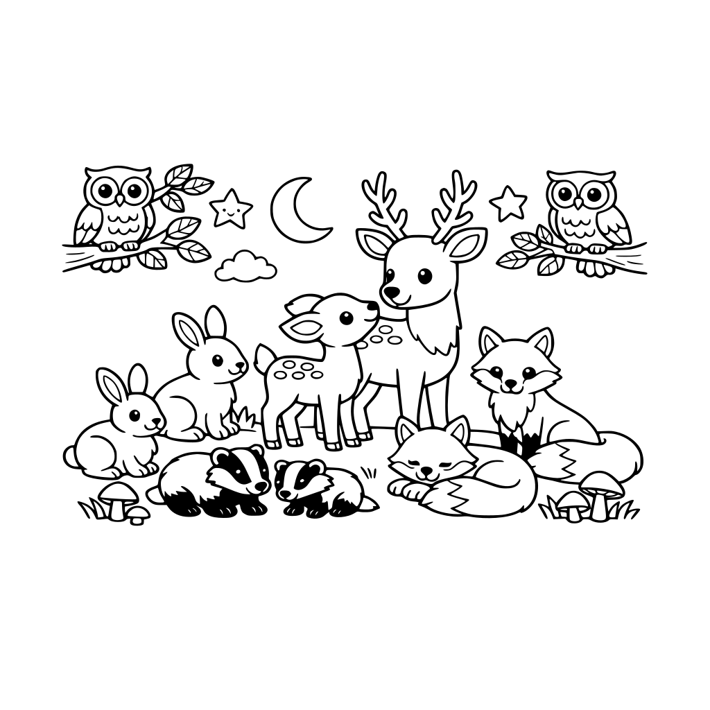 a cute woodland scene with rabbits, badgers, deer, foxes and owls