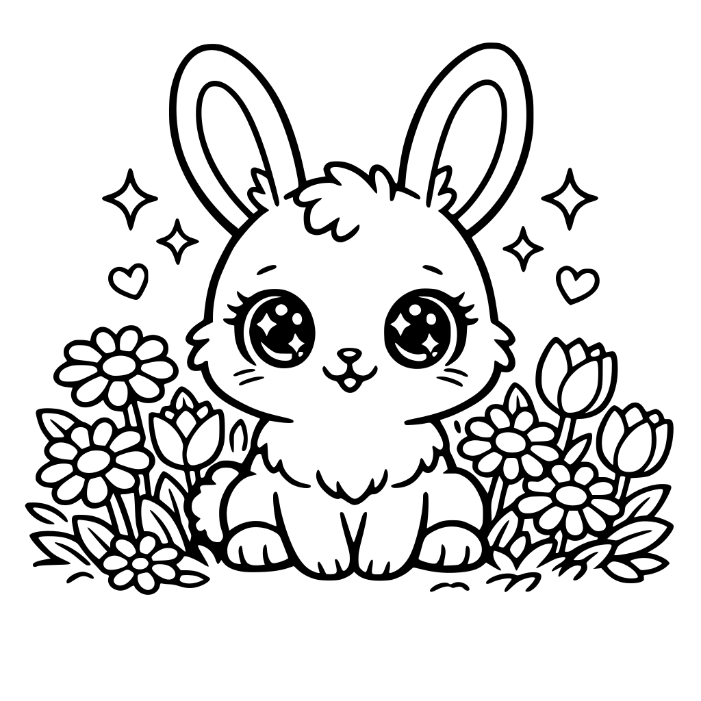 Cute baby bunny sitting in a flower garden with big sparkly eyes