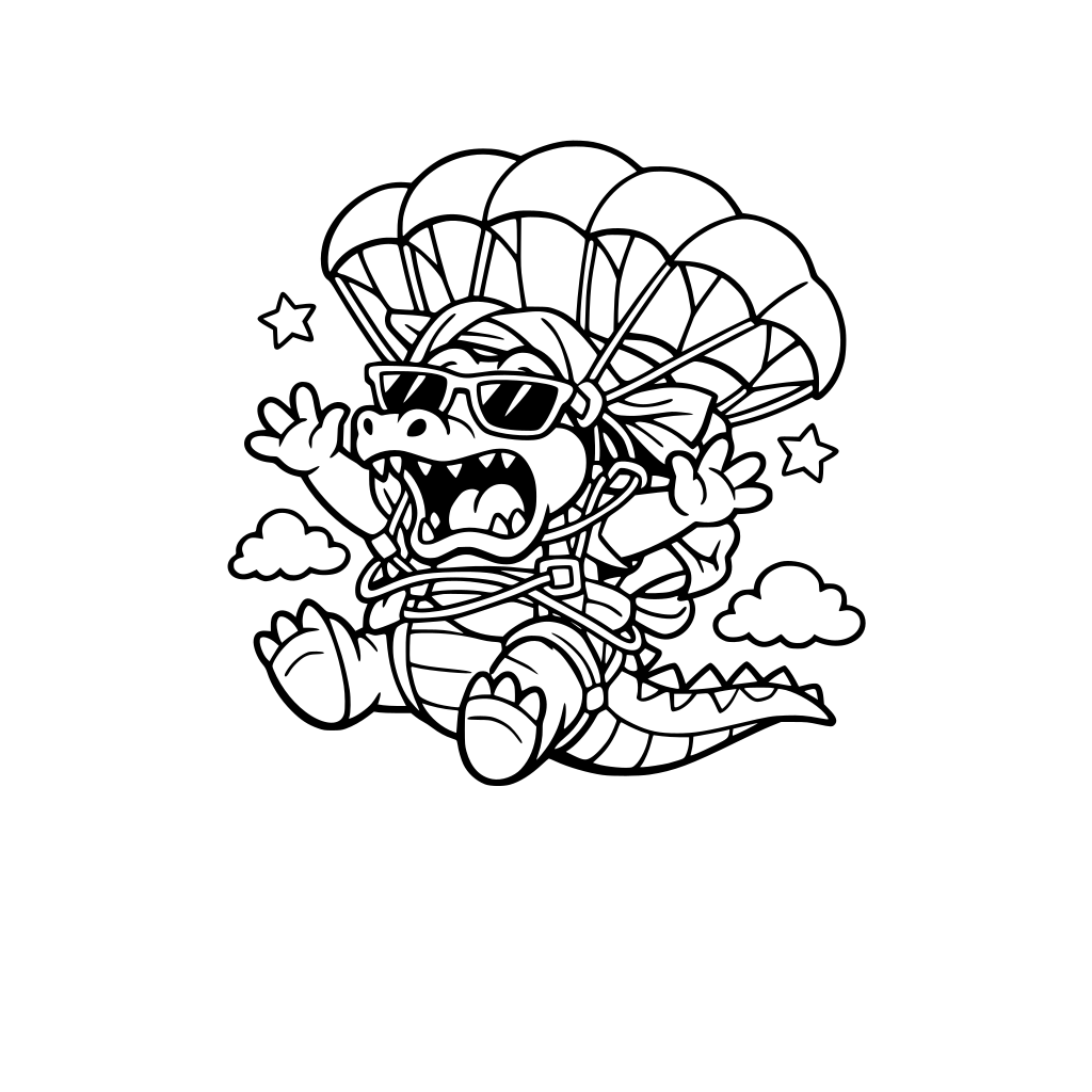 A shocked Crocodile parachuting in the air excited with sunglasses. parachute stuck on him and hes falling. Simple. Big Shapes.
