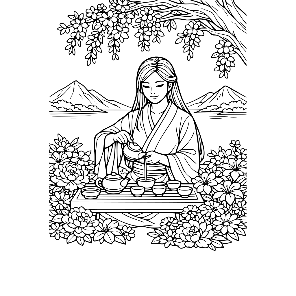 An asian woman with long hair performing a tea ceremony under a tree with mountains and water in the background. The tea ware is asian style with small teapots and cups. add a lot of flowers