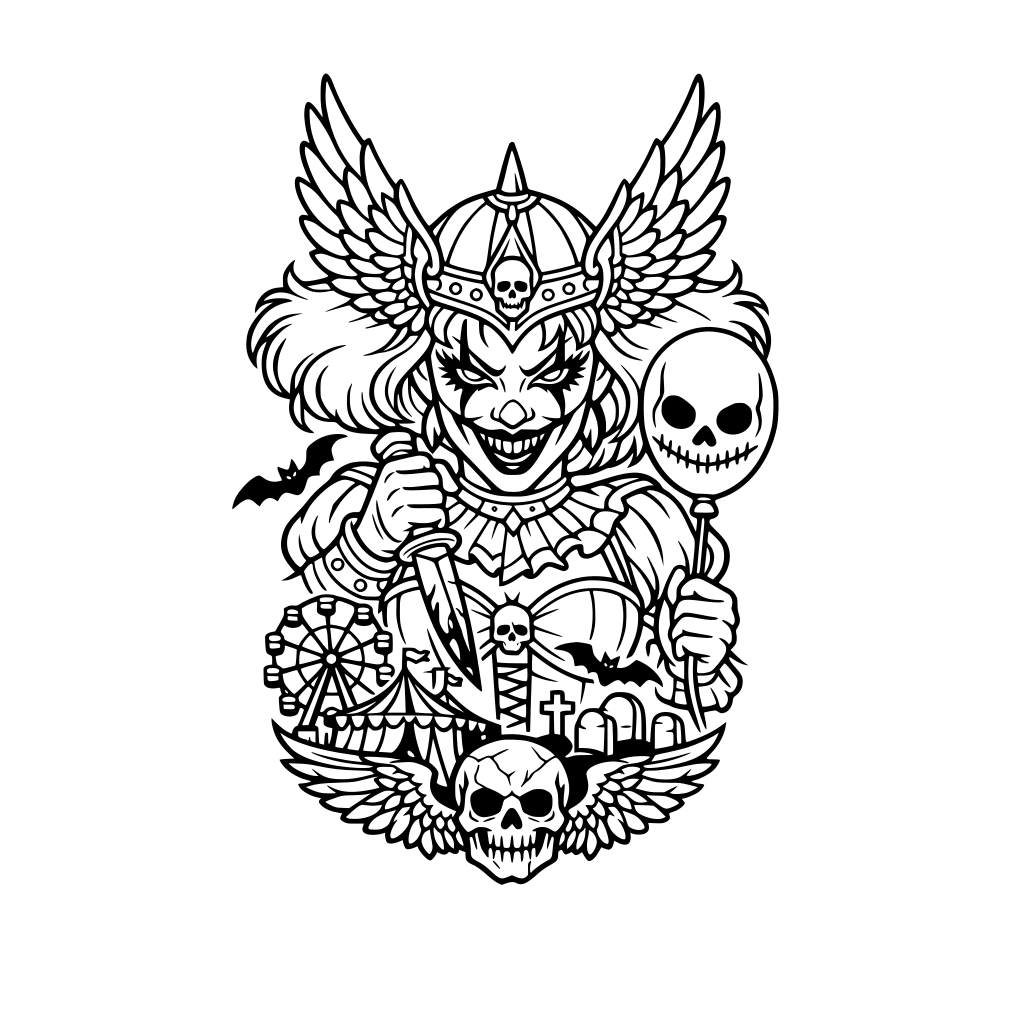 Gothic, pennywise inspired, thick black outline, traditional tattoo. vylkarie