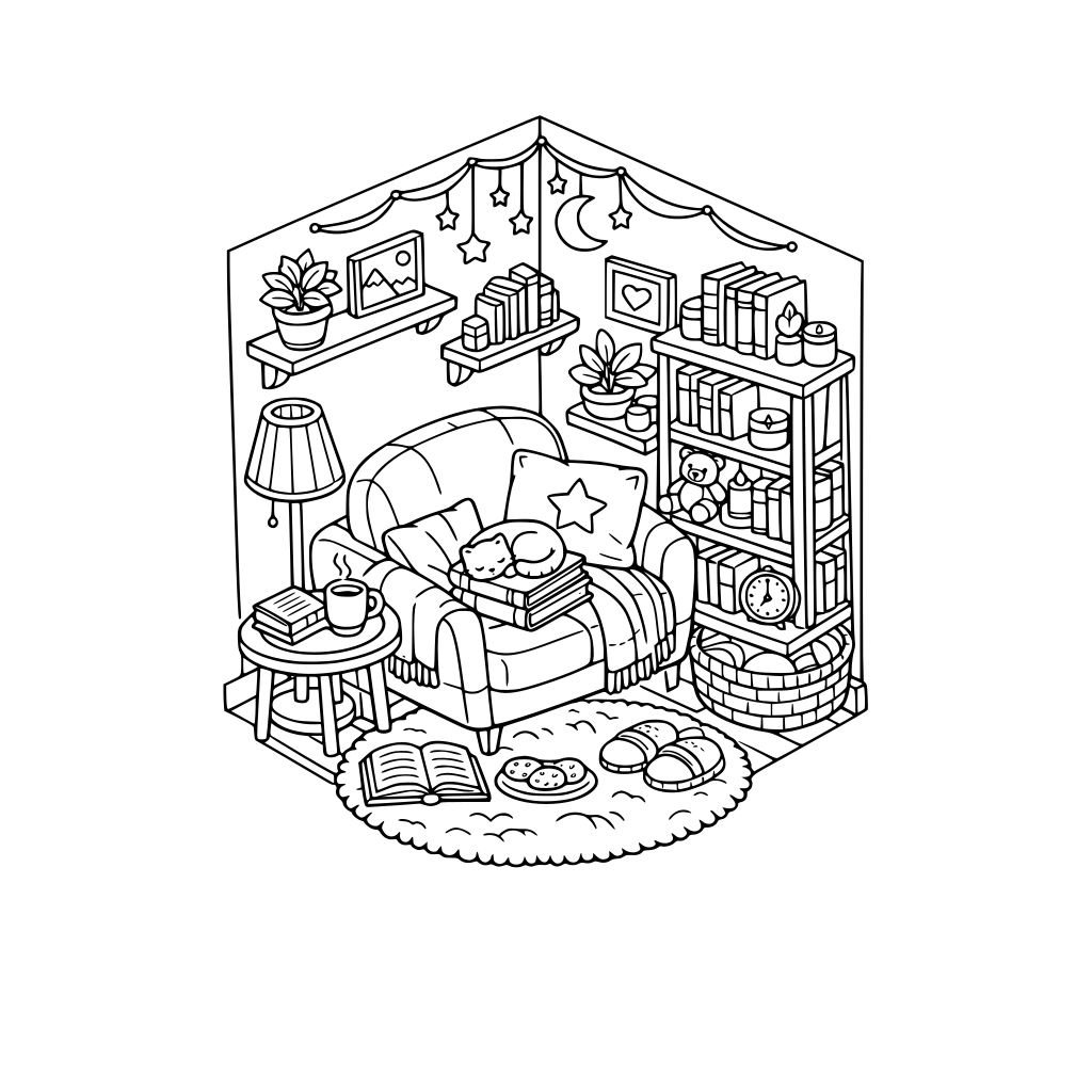 cute, cozy, reading nook corner. 3d isometric.