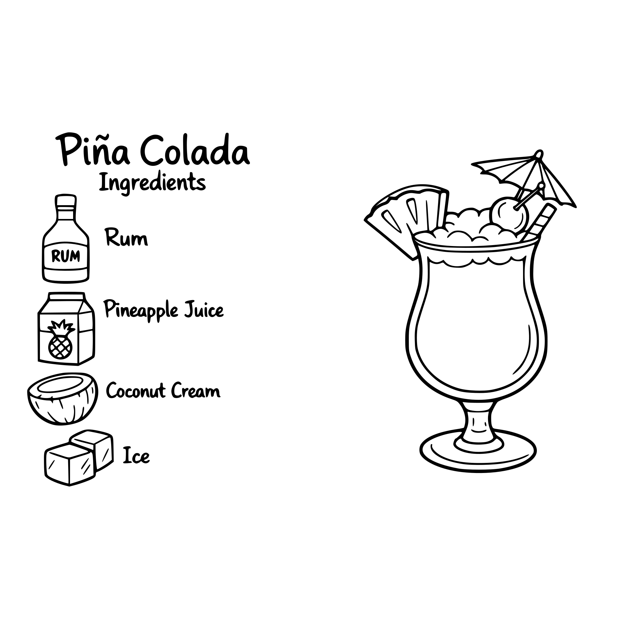 A coloring book inspired by cocktails. Each spread has one page with the ingredients and the other with the finished cocktail to colour in.