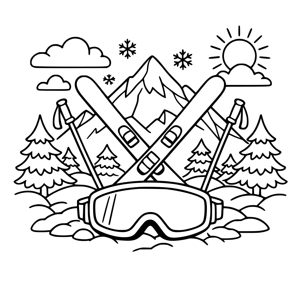 un dessin avec des éléments sur le ski : montagne, ski, masque, neige, sapin, ...