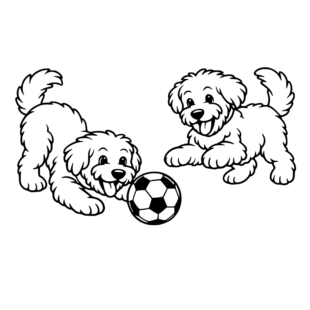 two golden doodle dogs playing with a soccer ball