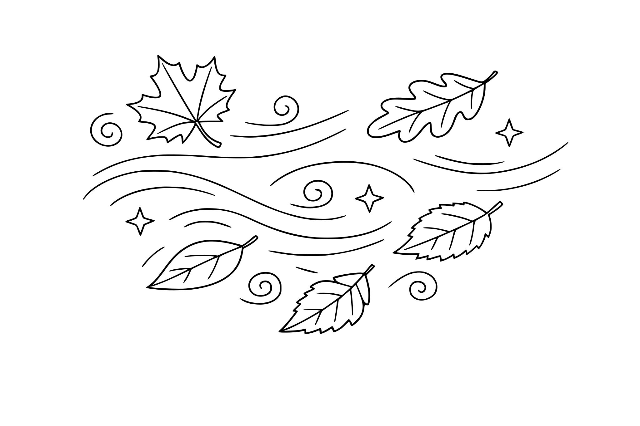 Fall leaves swirling in the wind, minimalistic line.