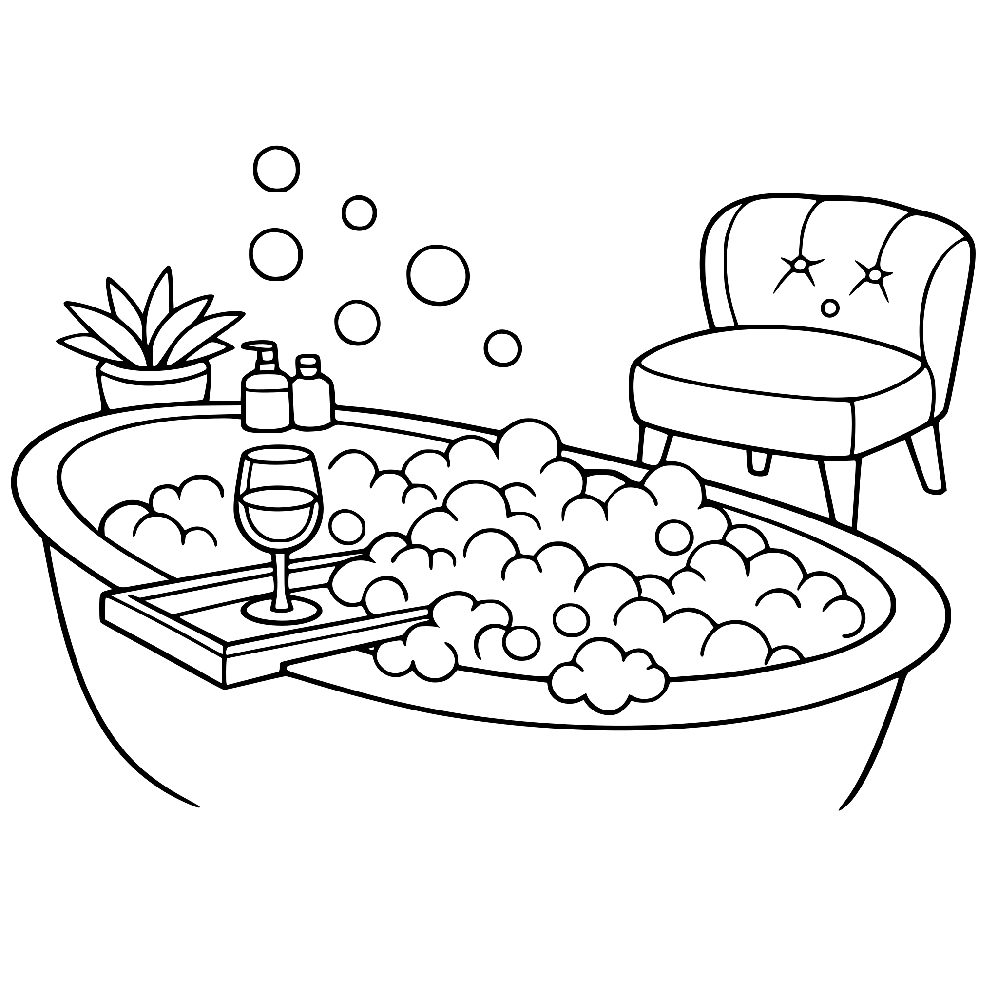 A bathroom, that has a bath tub inside, inside the tub there are bubbles. Theres a glass of wine on the tray that lays on top of the bath tub. There is also a cute sitting chair in the corner of the bathroom