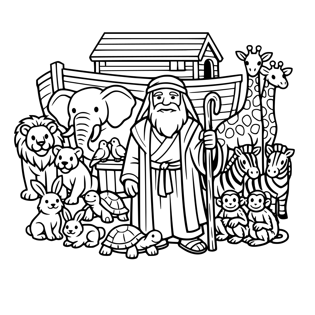 wooden ark with animals and an old man with a staff in his hand.