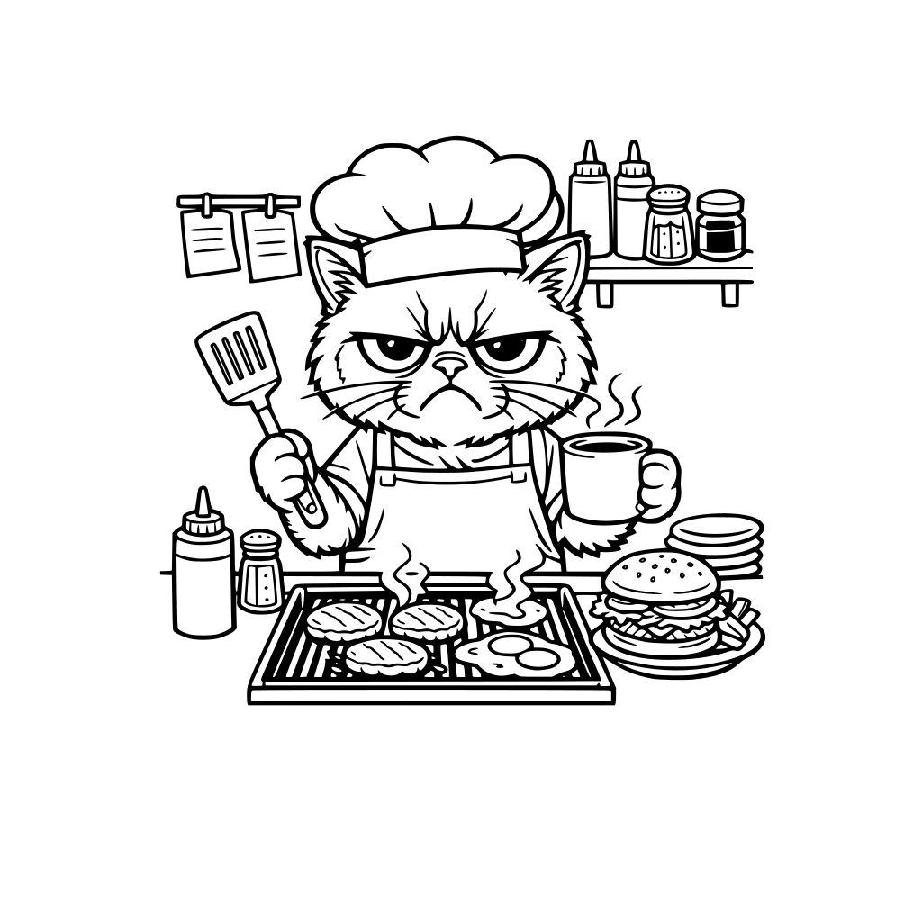 A grumpy cat as a short order cook.