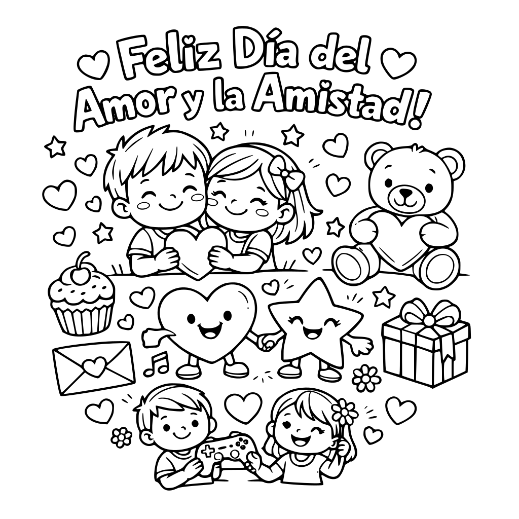 dibujo del dia del amor y amistad para portada de los niños , para colorear