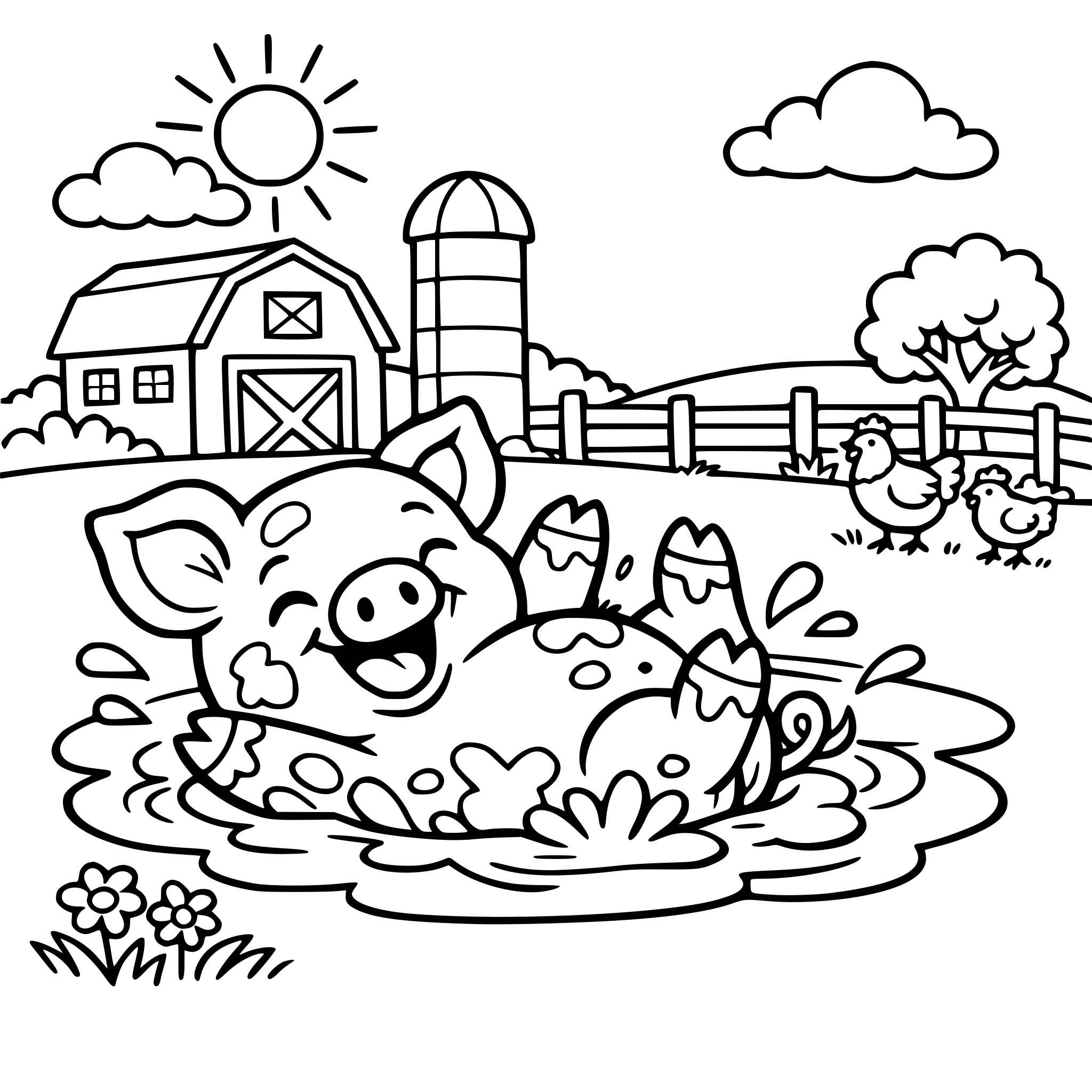 Adorable pig rolling in mud puddle, happy expressionMake me ai prompt for coloring book for kids aged 3-5 about animals under the sea with the background of farm