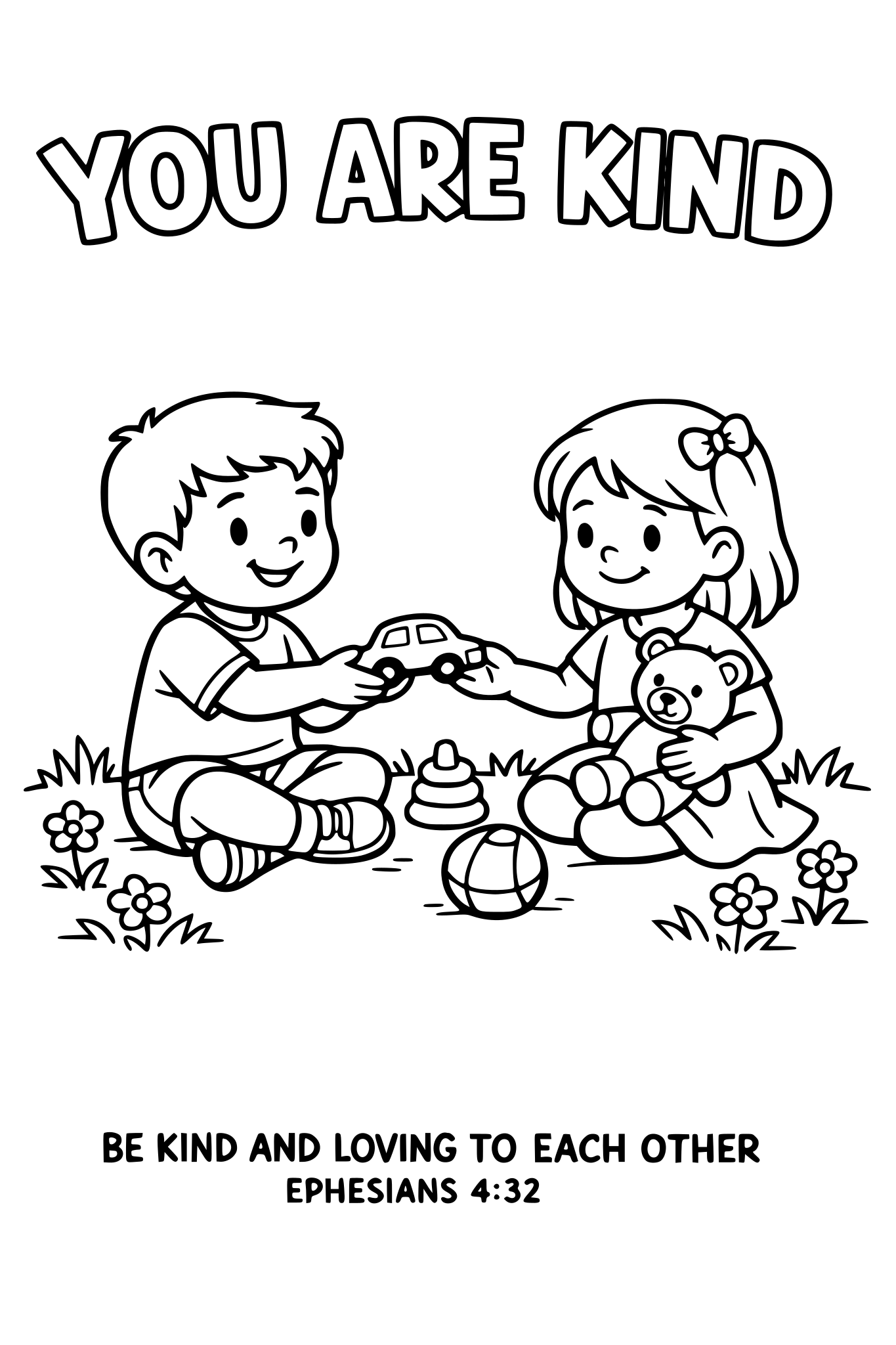 Black and white coloring page, simple kids line art, 2 child