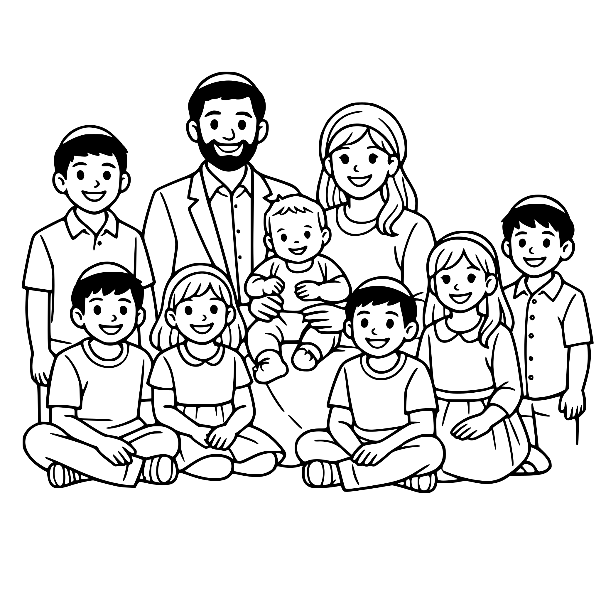 a jewish family with two girls and four boys and one baby and one thirteen year old