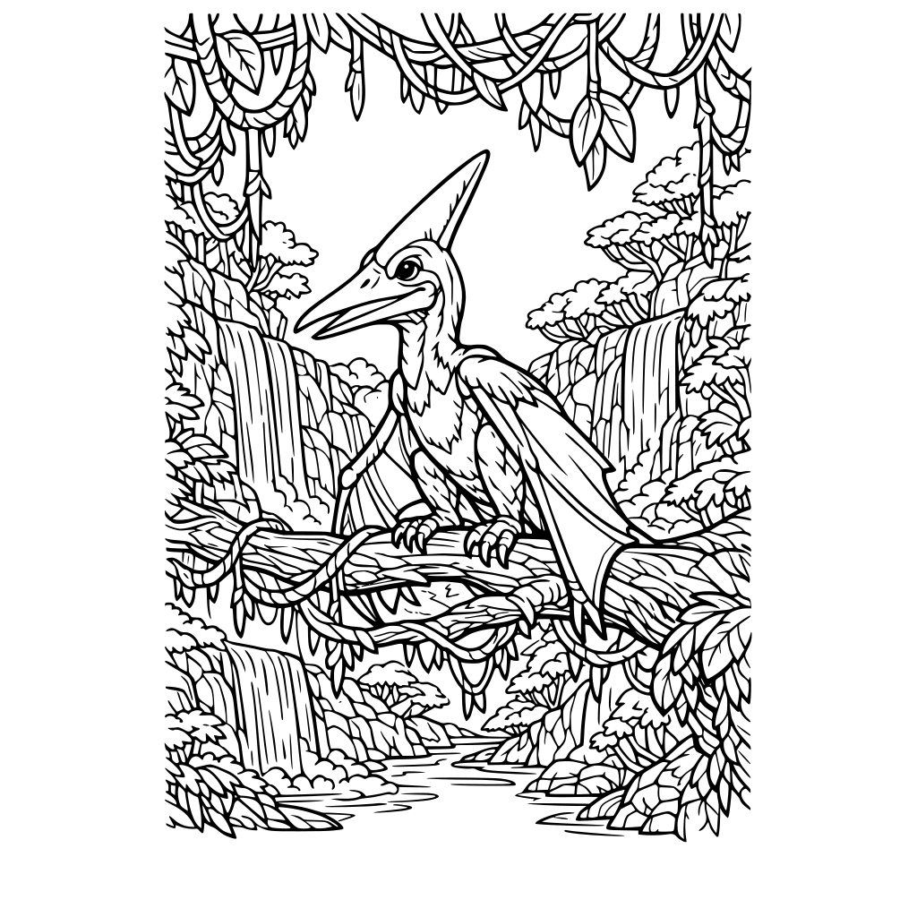 Portrait oriented coloring book page that is black and white with a pterodactyl perched on a tree branches. Background has jungle vines, tree branches, and waterfalls. Fill the whole page with great detail to the borders.