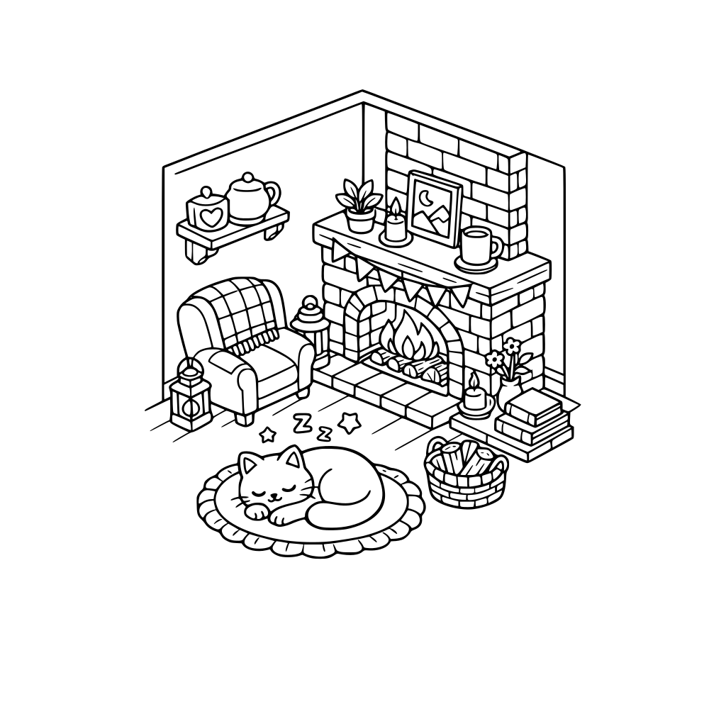 cute and cozy style, sleeping Cat by fireplace, corner, 3d isometric