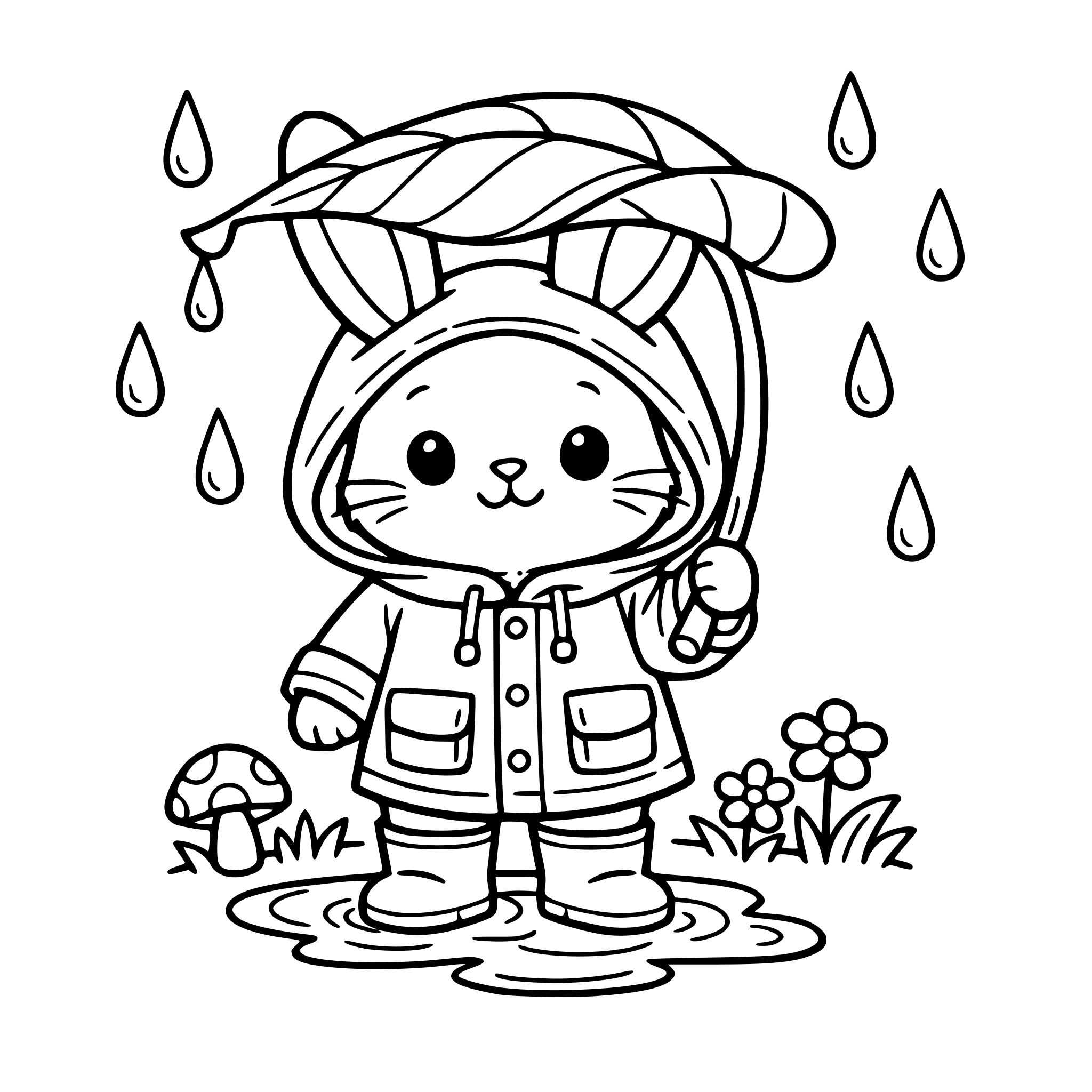 a cute bunny in the rain holding a leaf umbrella and wearing a rain jacker