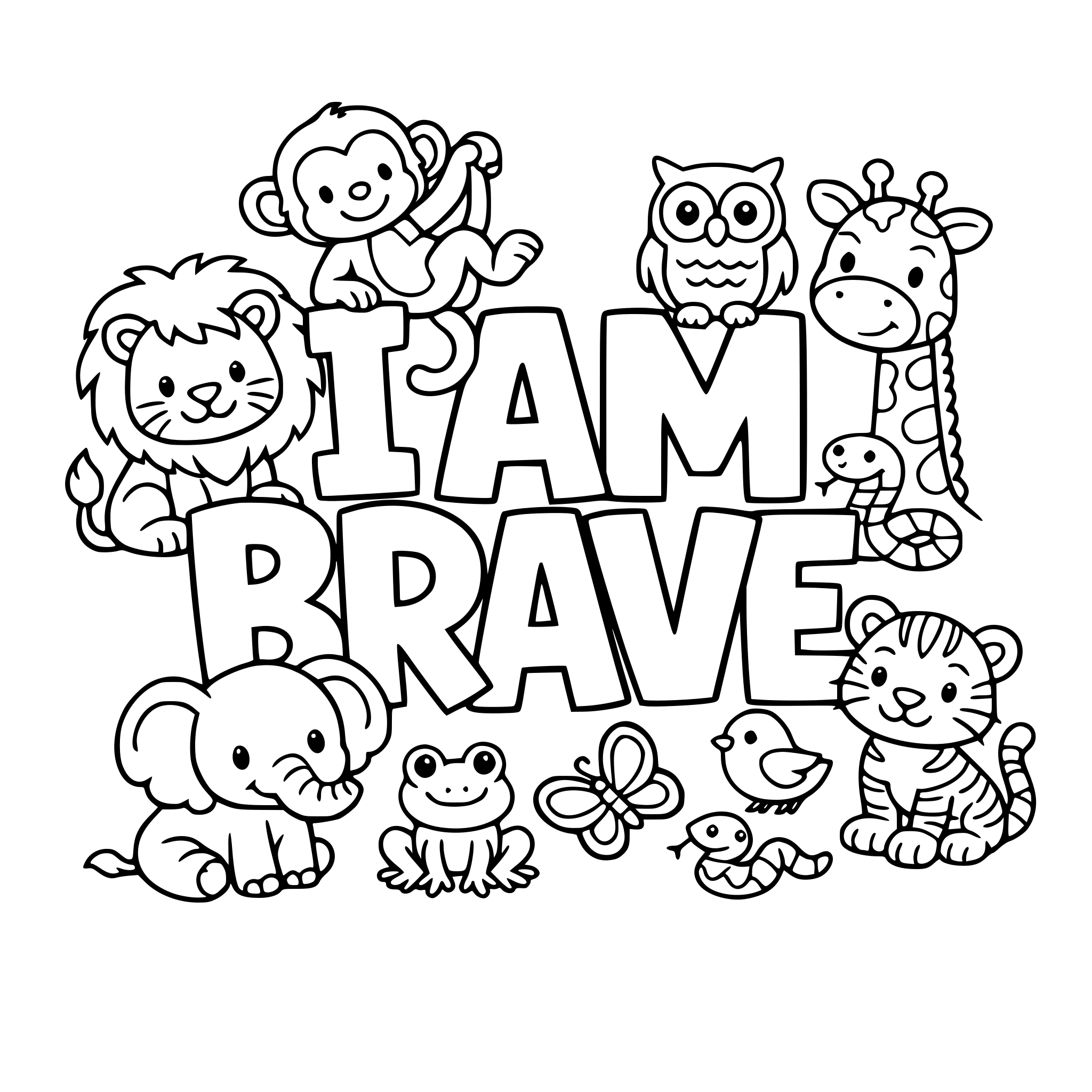 "I am brave" coloring letters with animals around the letters.