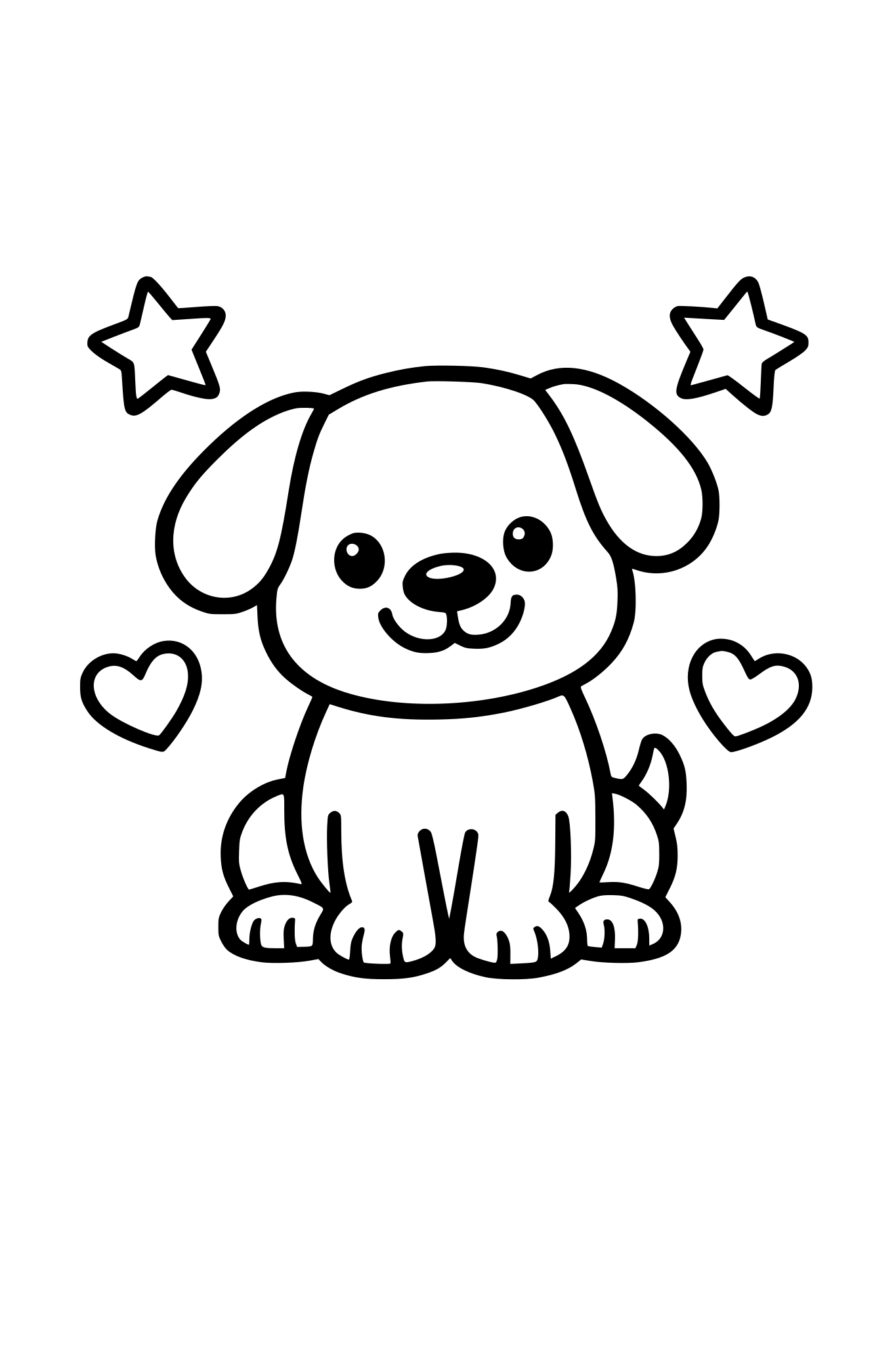 Cute smiling puppy sitting, simple shapes, thick outlines, kids coloring book style,