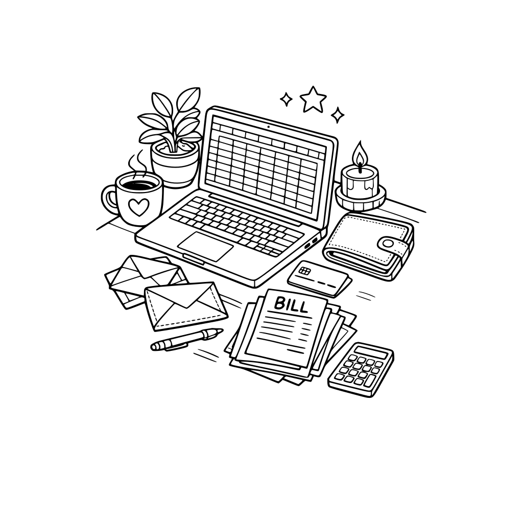 hygge style, cute and cozy, 3d isometric, laptop on desk with spreadsheet, wallet, credit card, bills and envelopes, paying the bills scene