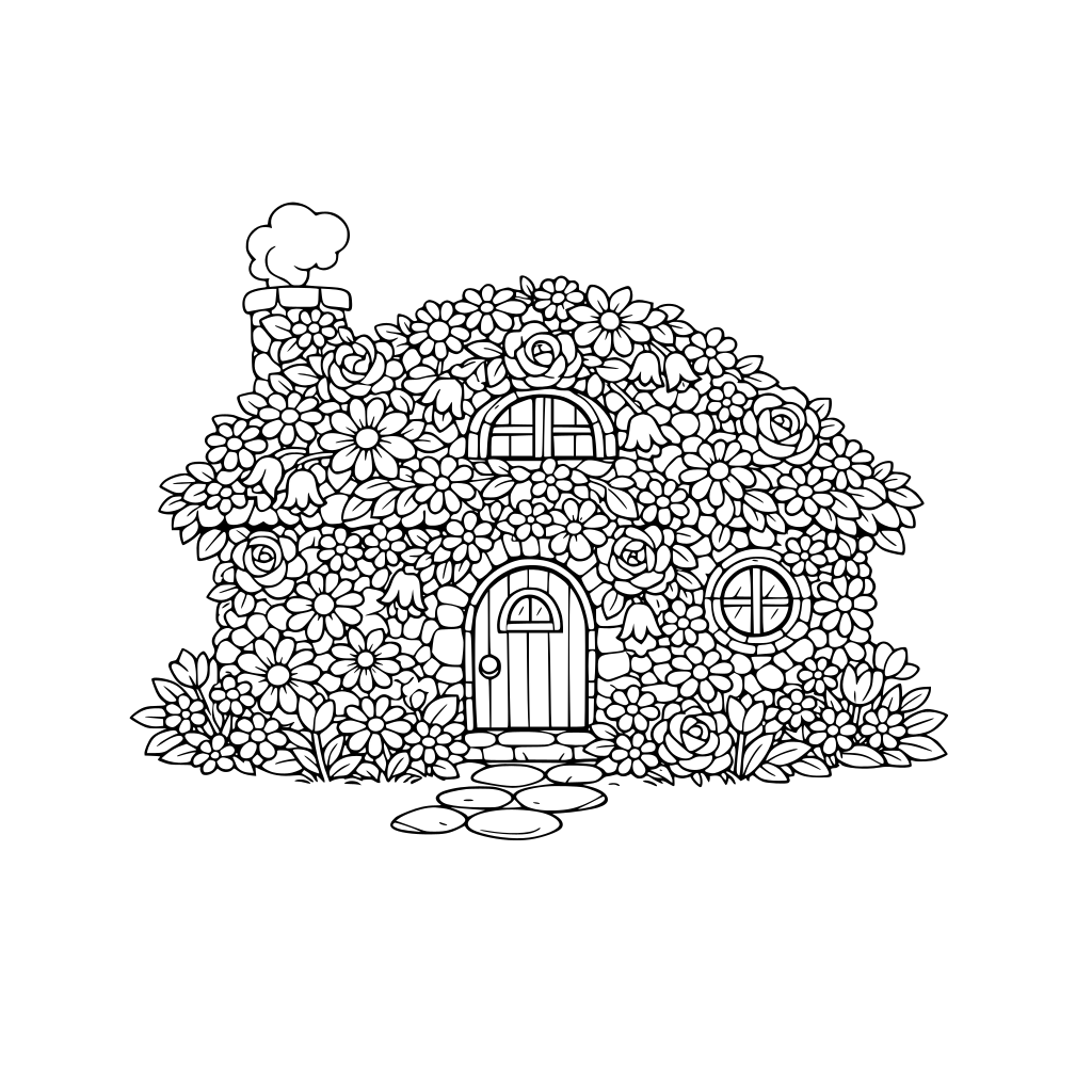 por favor dibuja una casa de piedra, hecha de flores