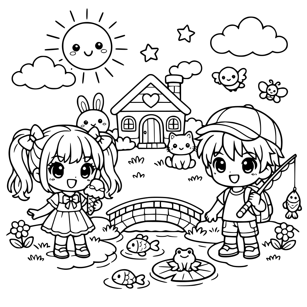Coloring book with kawaii anime scenery and characters (without color).