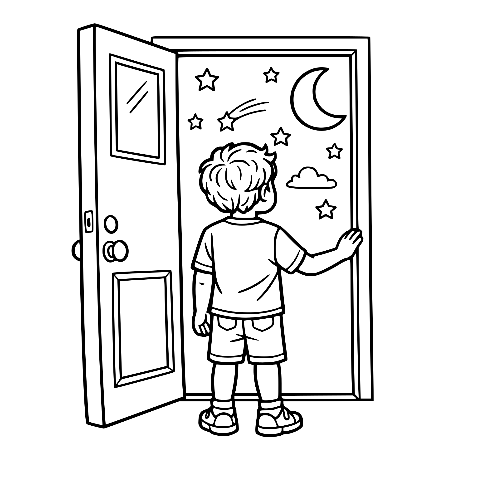 Create an image of an older boy with wavy short hair as he looks out of the front door at the night sky. White background, isolated.