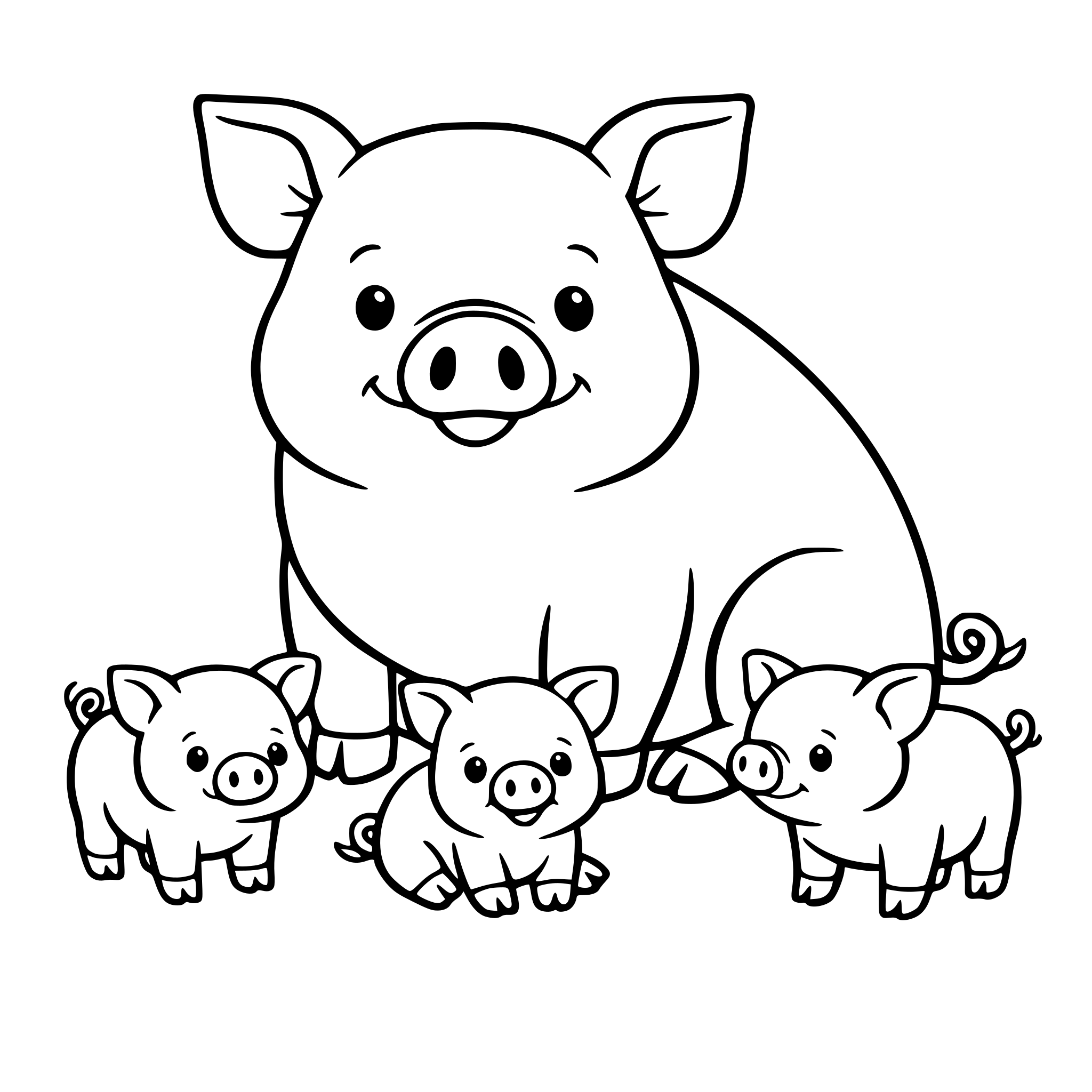 Create an image of a very big pig and three little pigs. White background, isolated.