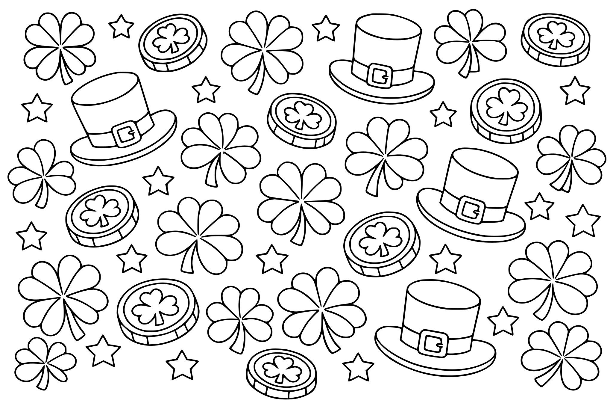 Pattern coloring (repeat clovers, coins, hats)