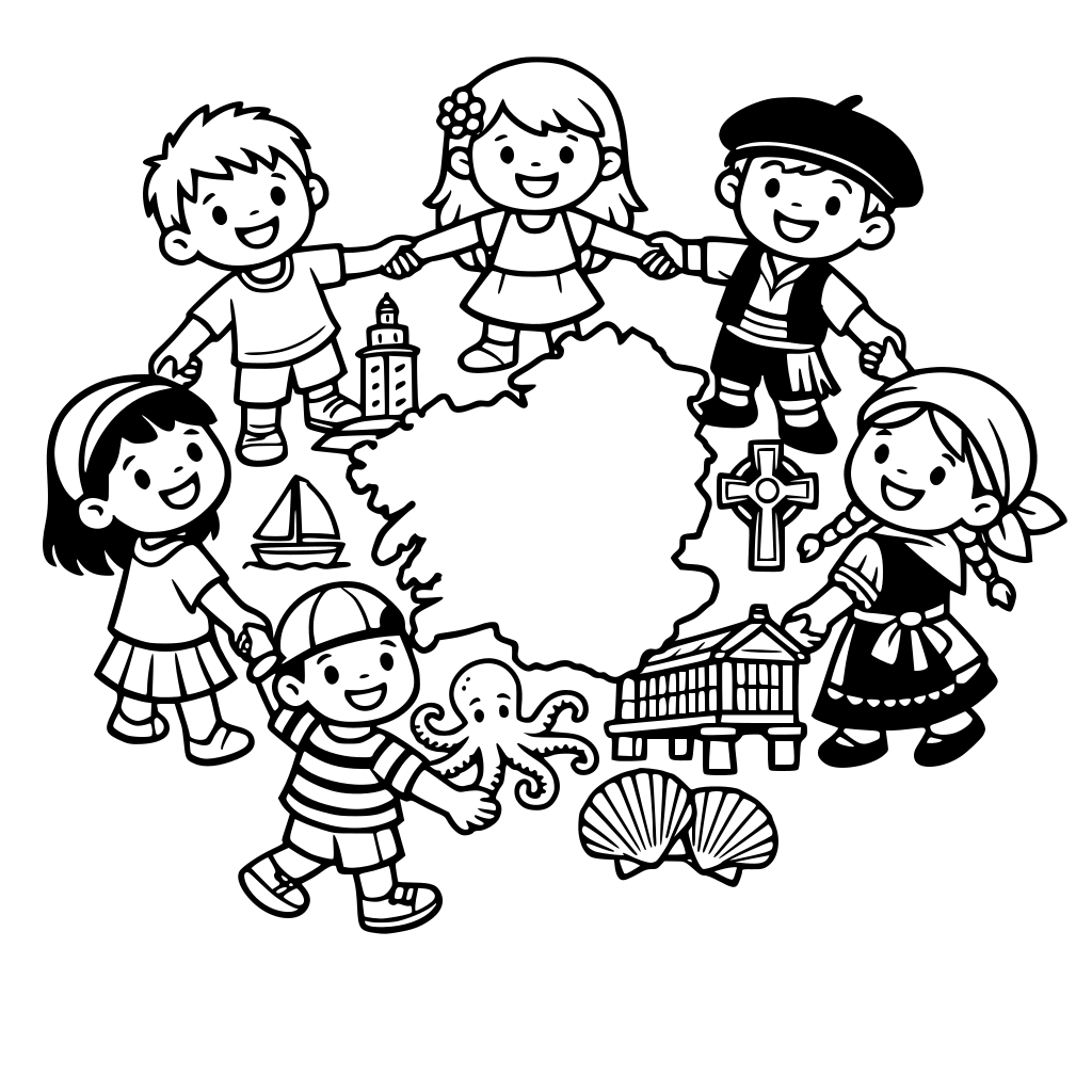 niños de la mano rodeando una imagen de galicia