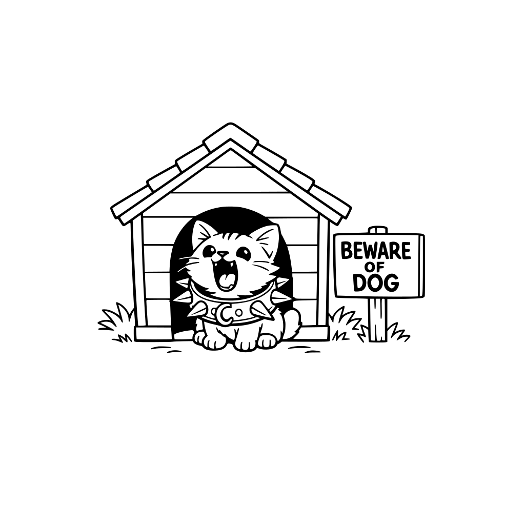 Simple dog house. Cute little kitten inside the dog house opening. Oversized spiked collar. Mouth open like barking. Sign next to dog house: “BEWARE OF DOG.” Simple drawing. Big clean shapes