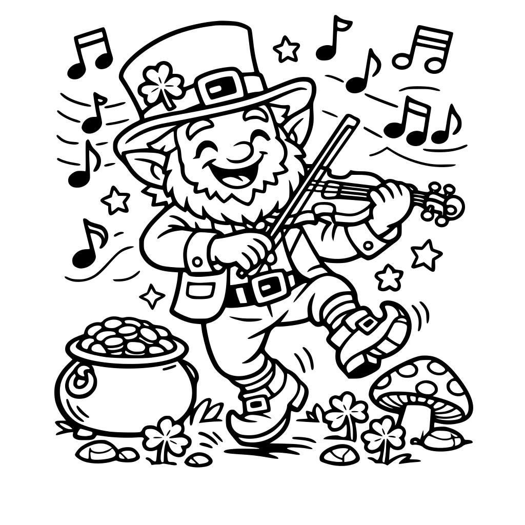 Portrait oriented coloring book page that is black and white with a cute friendly leprechaun. He is playing a fiddle while dancing. The background has music notes. Fill the whole page with great detail. Simple art bold and easy cartoon style.
