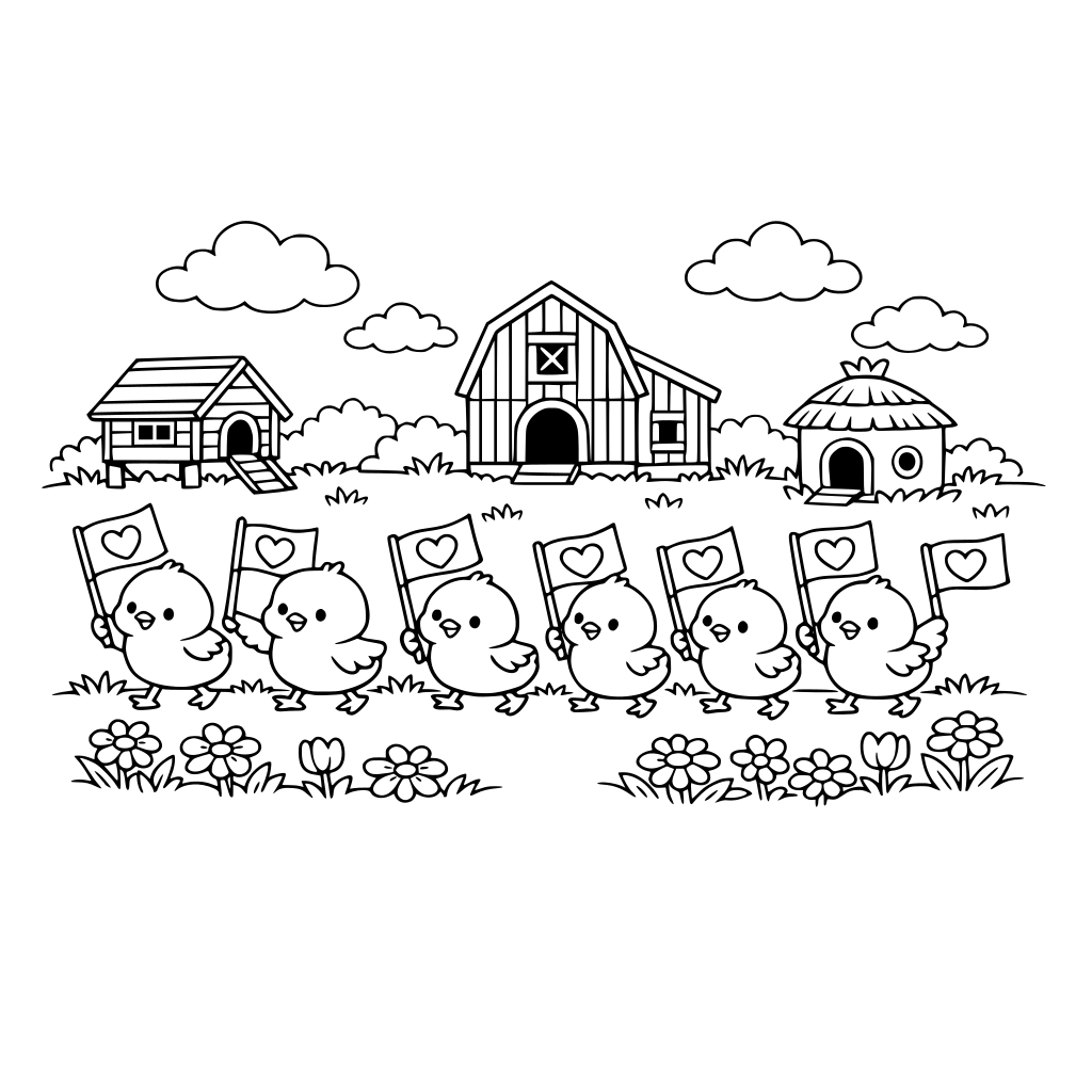 A parade of baby chicks carrying heart flags outside on the lawn, surrounded by flowers, and the chicken homes in the background. Clouds in the sky