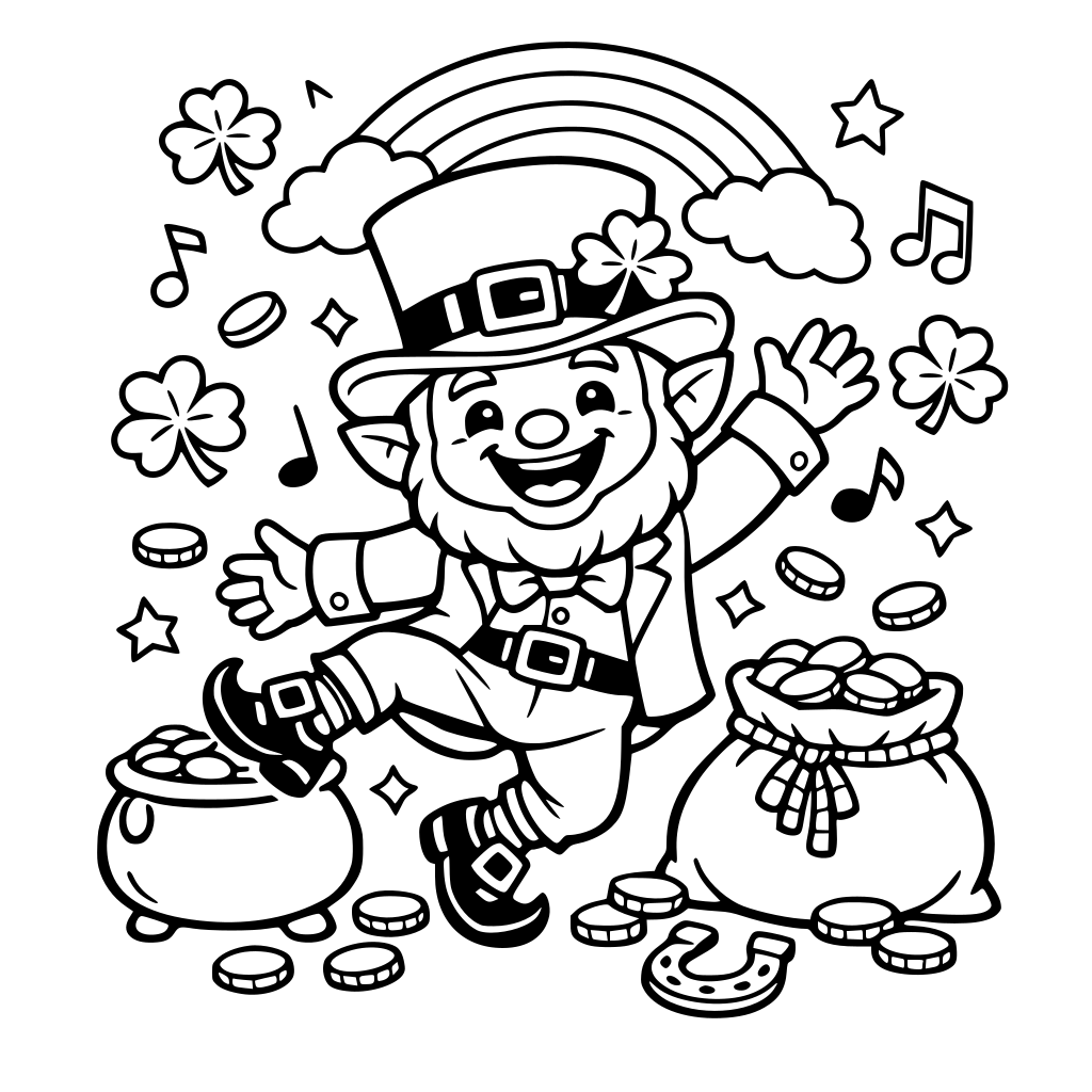 Portrait oriented coloring book page that is black and white with a cute friendly leprechaun. He is dancing and smiling. Fill the whole page with great detail. Simple art bold and easy cartoon style.