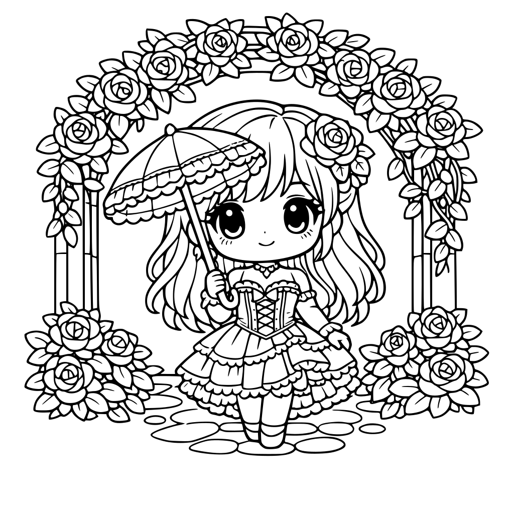 Young lady in lace corset dress holding a parasol, standing under a rose-covered garden arch in chibi and kawaii style