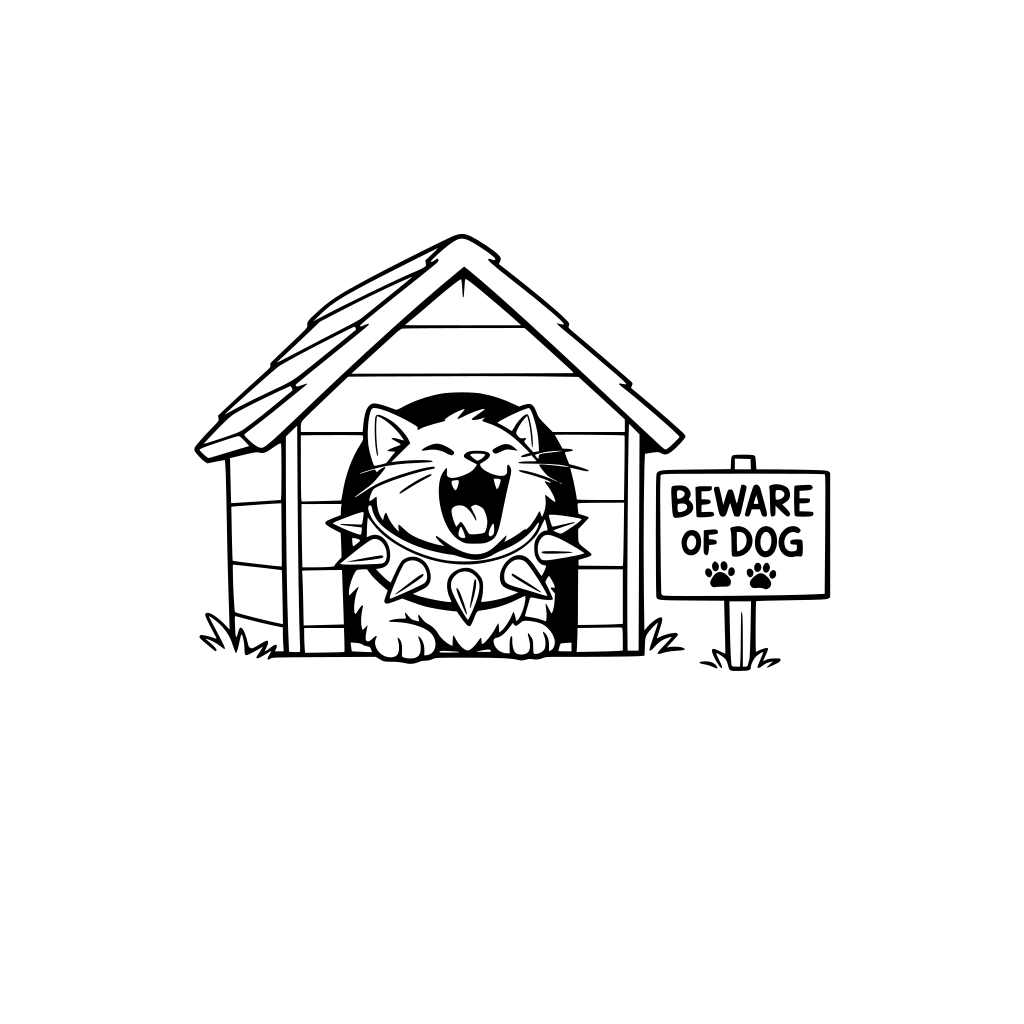 Simple dog house. Cat inside the dog house opening. Oversized spiked collar. Mouth open like barking. Sign next to dog house: “BEWARE OF DOG.” Simple drawing