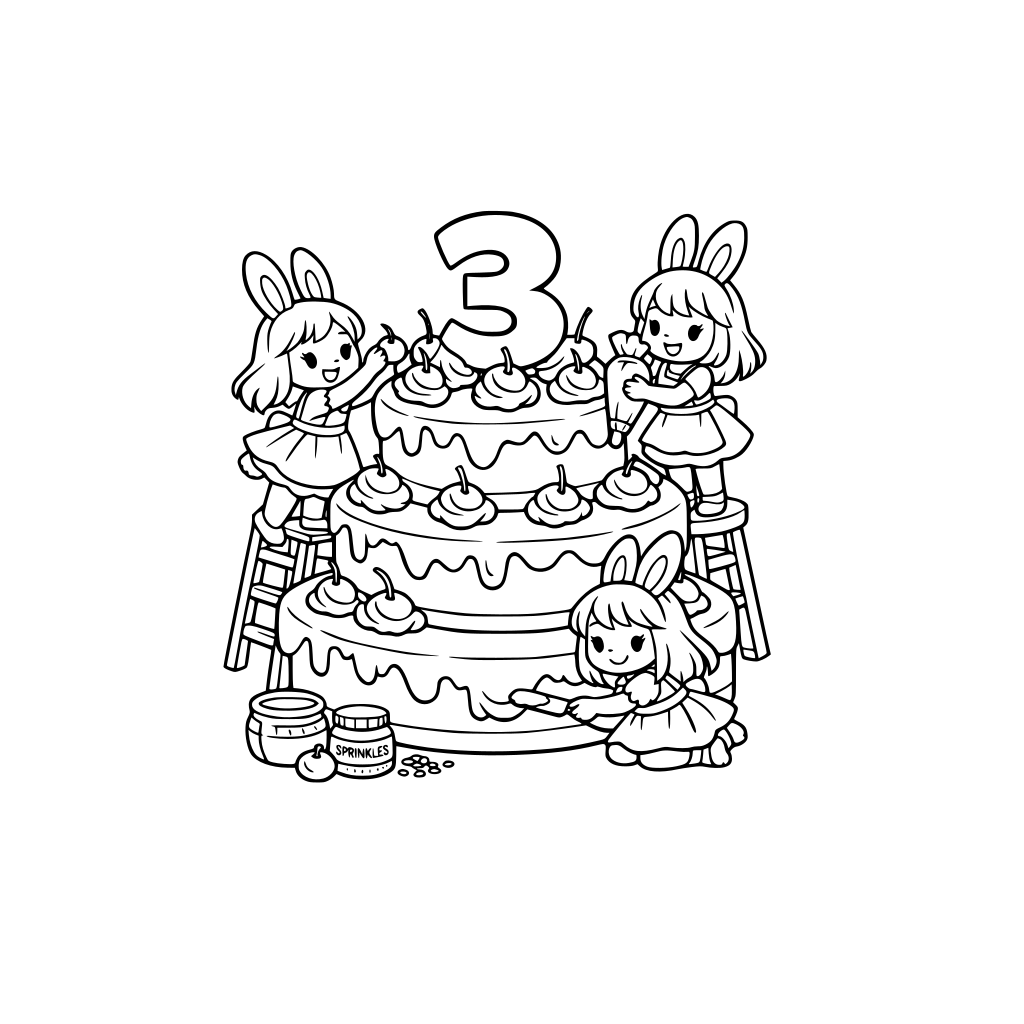 three tiered birthday cake with cream and cherries number 3 at the top, cute bunny girls decorating the cake,