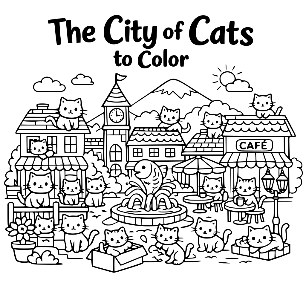 copertina di un libro dove ce una piccola cittadina con tanti gattini e scrivi come titolo the city of cats to color