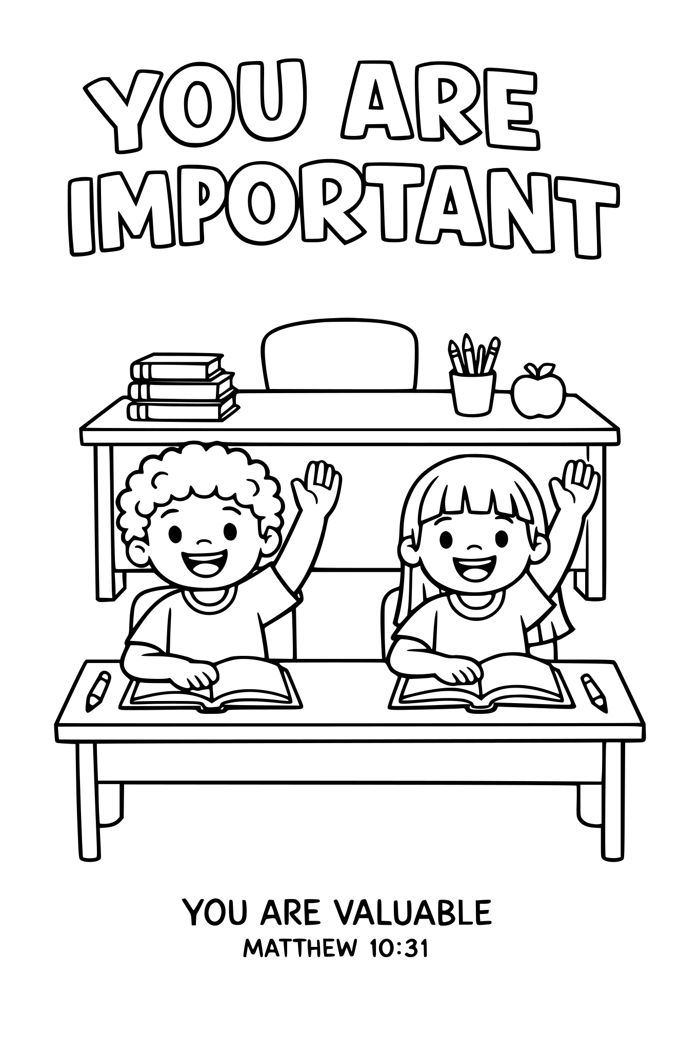 Black and white coloring page, simple kids line art, 2 child