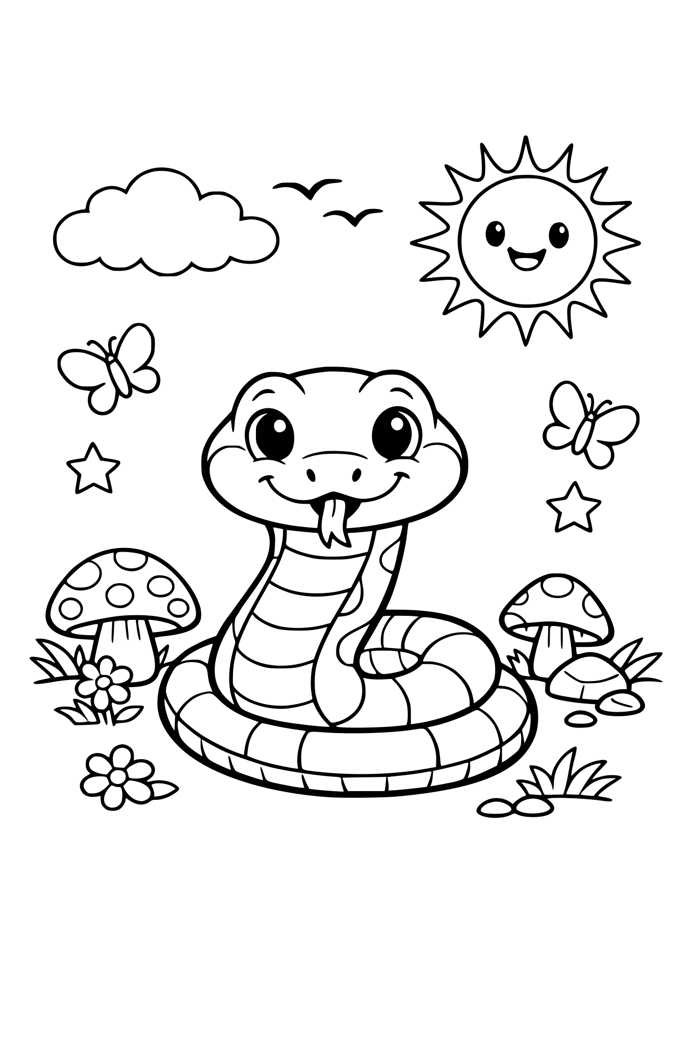 Cartoon/Child friendly snake in appropriate background environment
