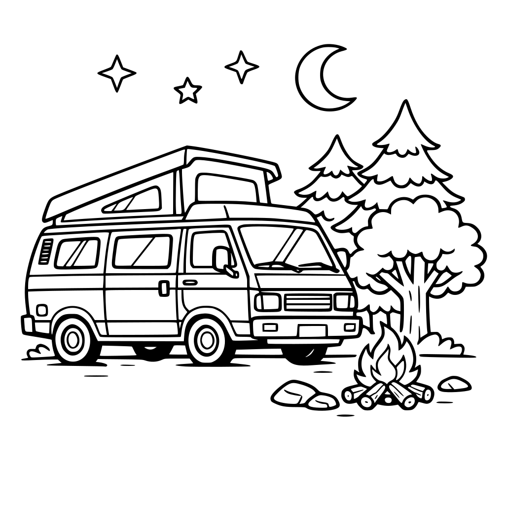 A camper van is parked beside trees with a tiny campfire.