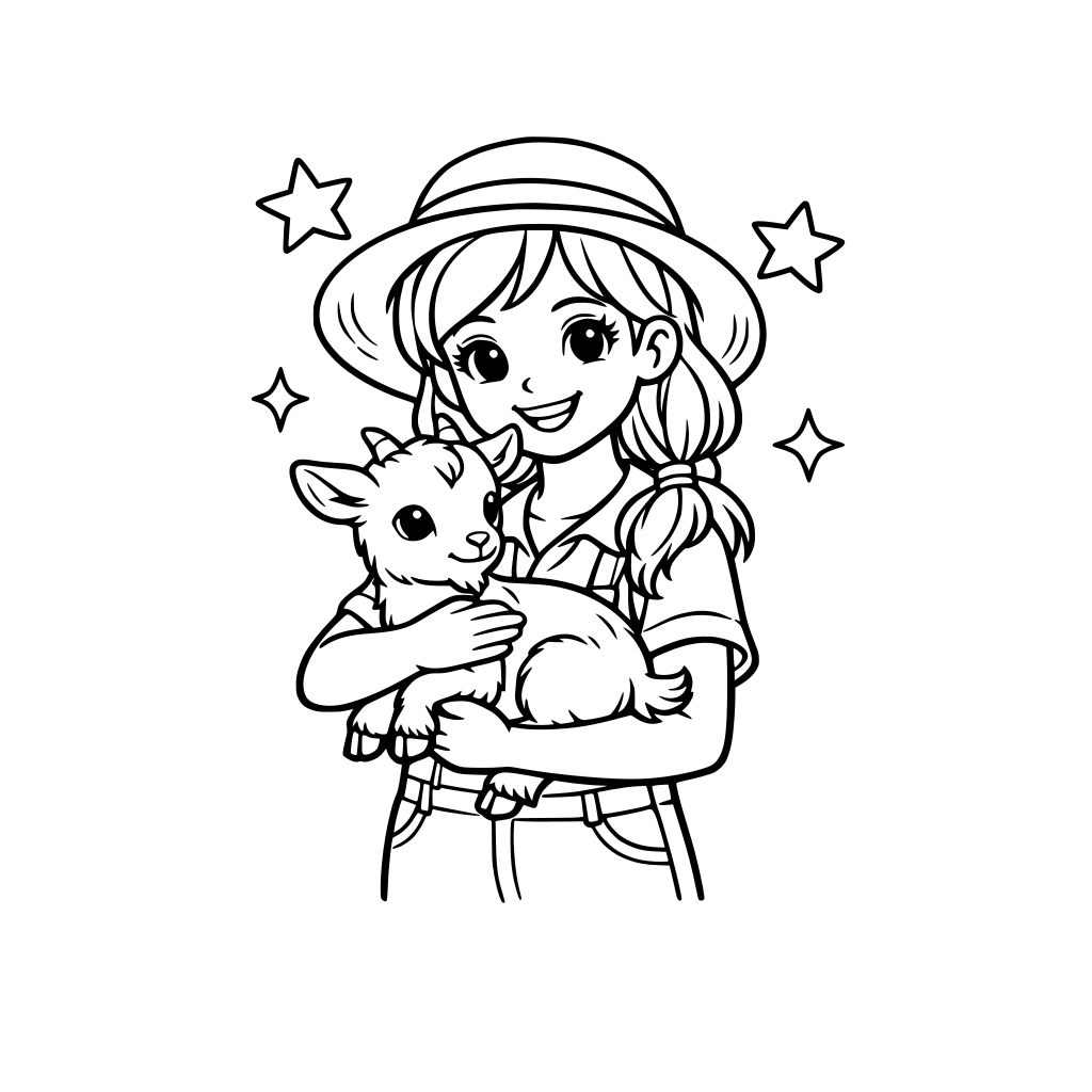 make a coloring picture of a girl holding a baby goat