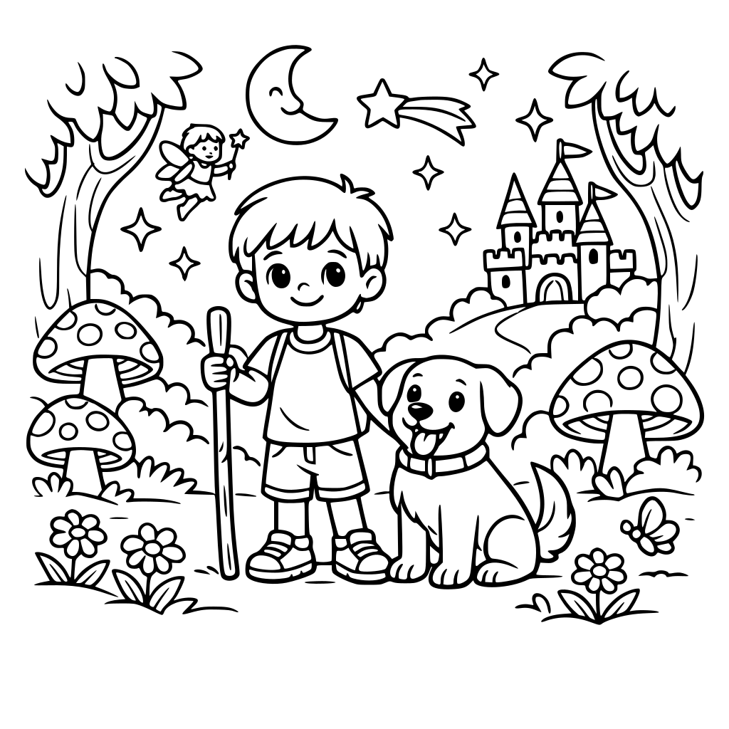 bimbo che è in una foresta incantata con un cane