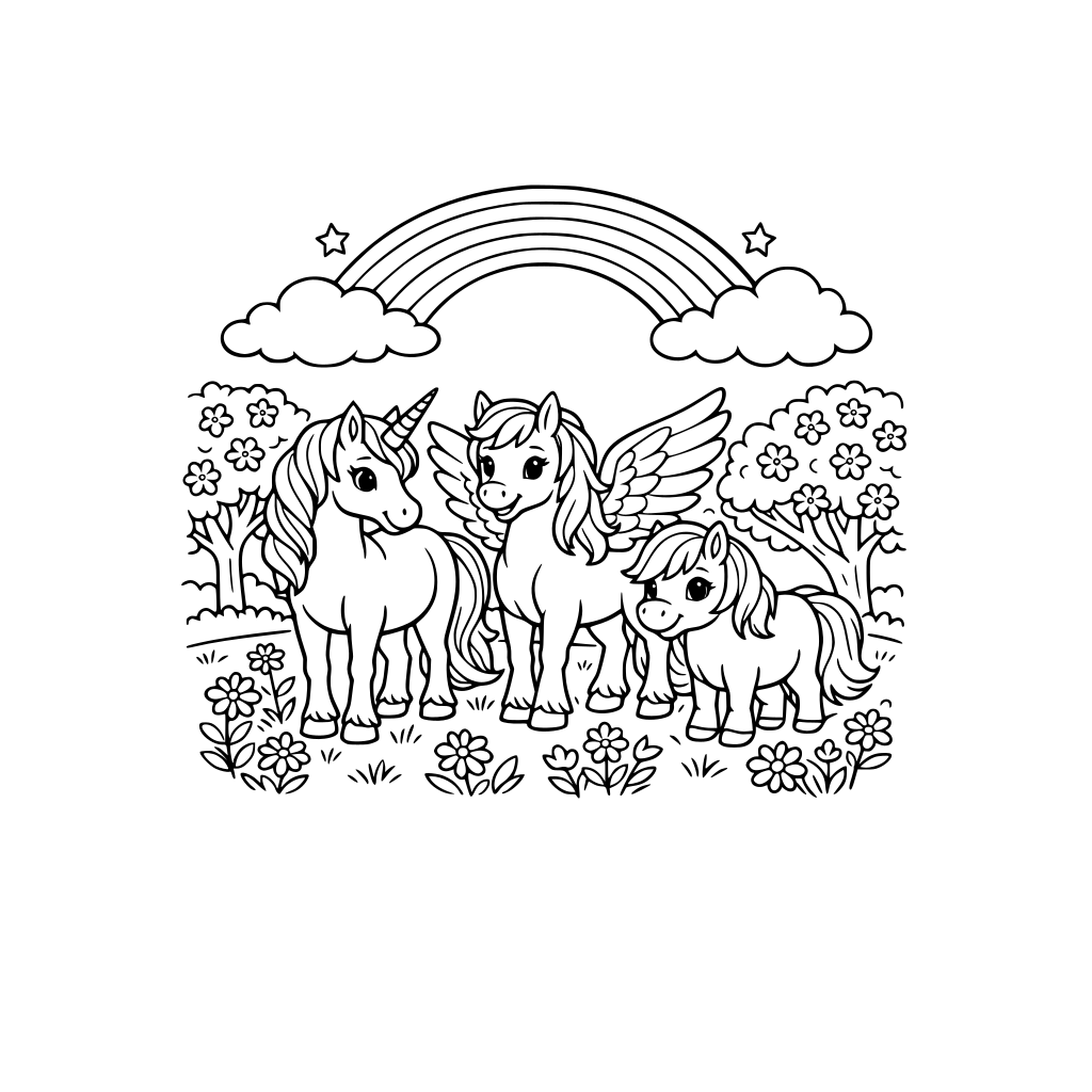 beautiful meadow with a unicorn, a pegesus, and a pony all standing together with a rainbow in the sky, clouds and trees with flowers and grass