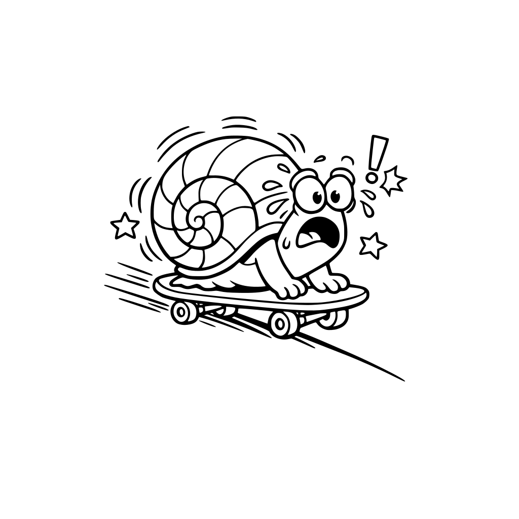 Snail accidentally riding a skateboard downhill too fast Shell shaking Snail panicking. Simple. Big Shapes.