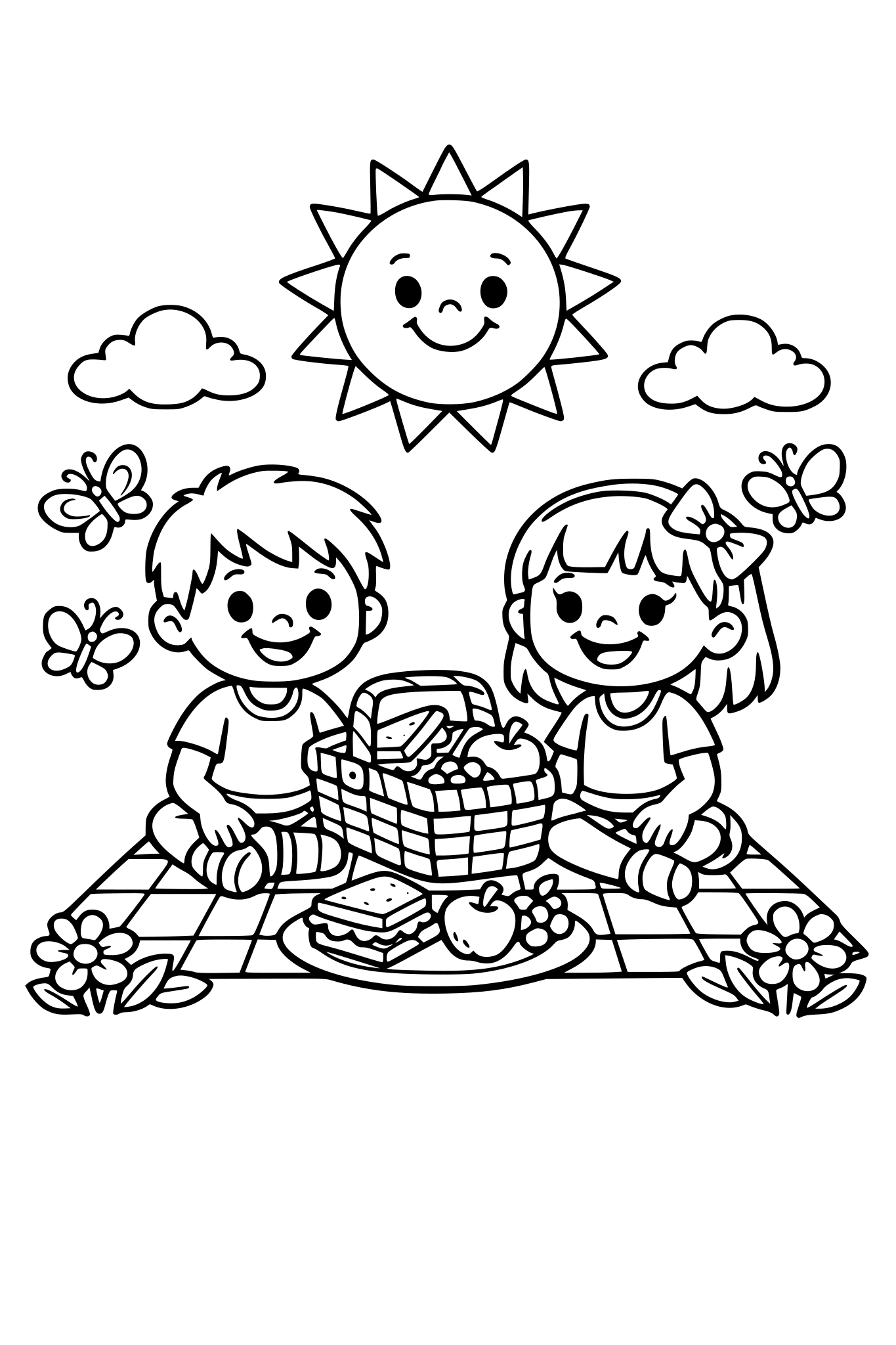 cute kids coloring page, happy boy and girl sitting on a picnic blanket in the park, picnic basket with sandwiches and fruit, butterflies and flowers around, smiling sun in the sky, simple shapes, thick bold outlines, black and white line art, kids coloring book style