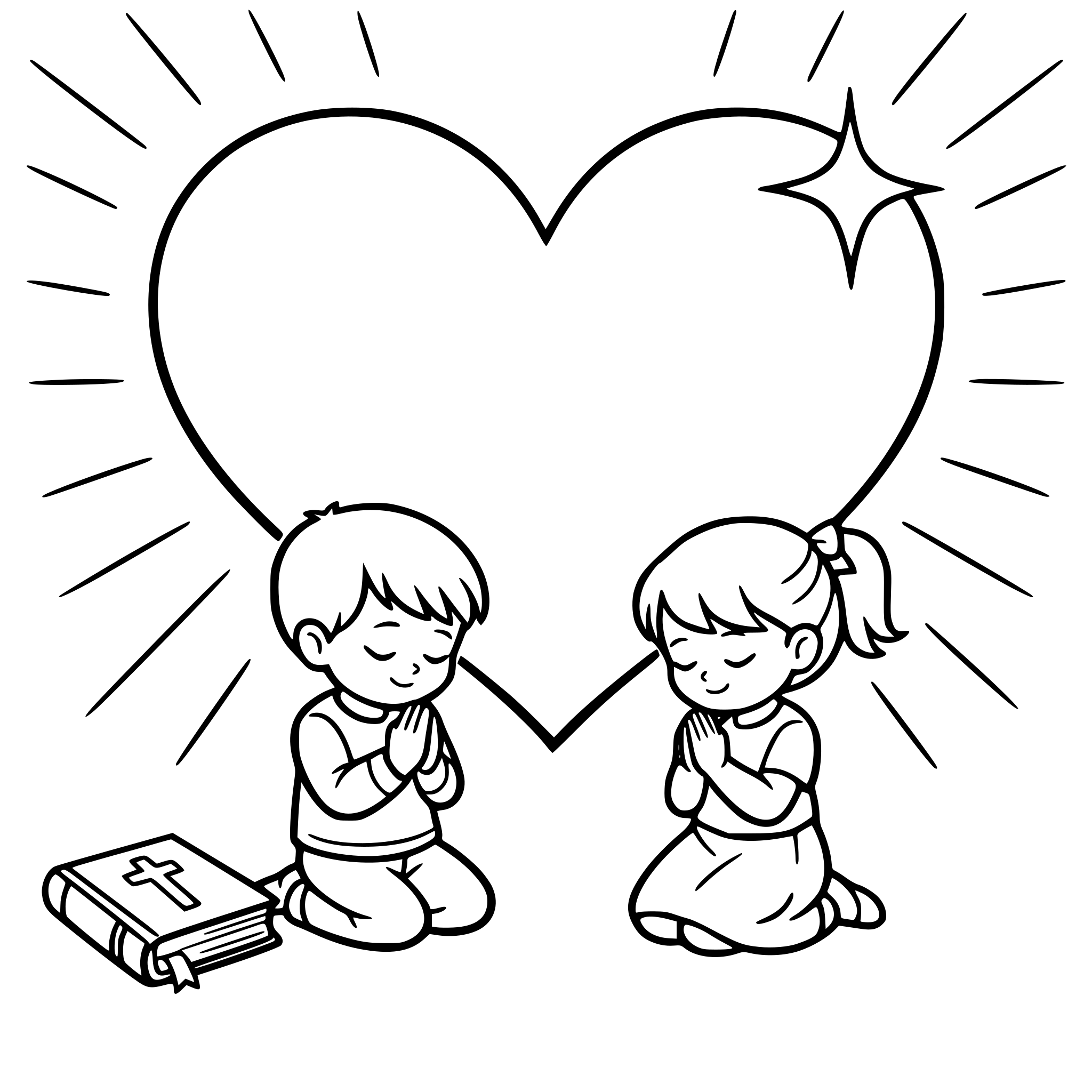 make a large heart with a sparkle on the top right corner of the heart. Add in two kids kneeled in prayer at the bottom of the page and light rays around the edges of the page. Include a bible next to the children praying