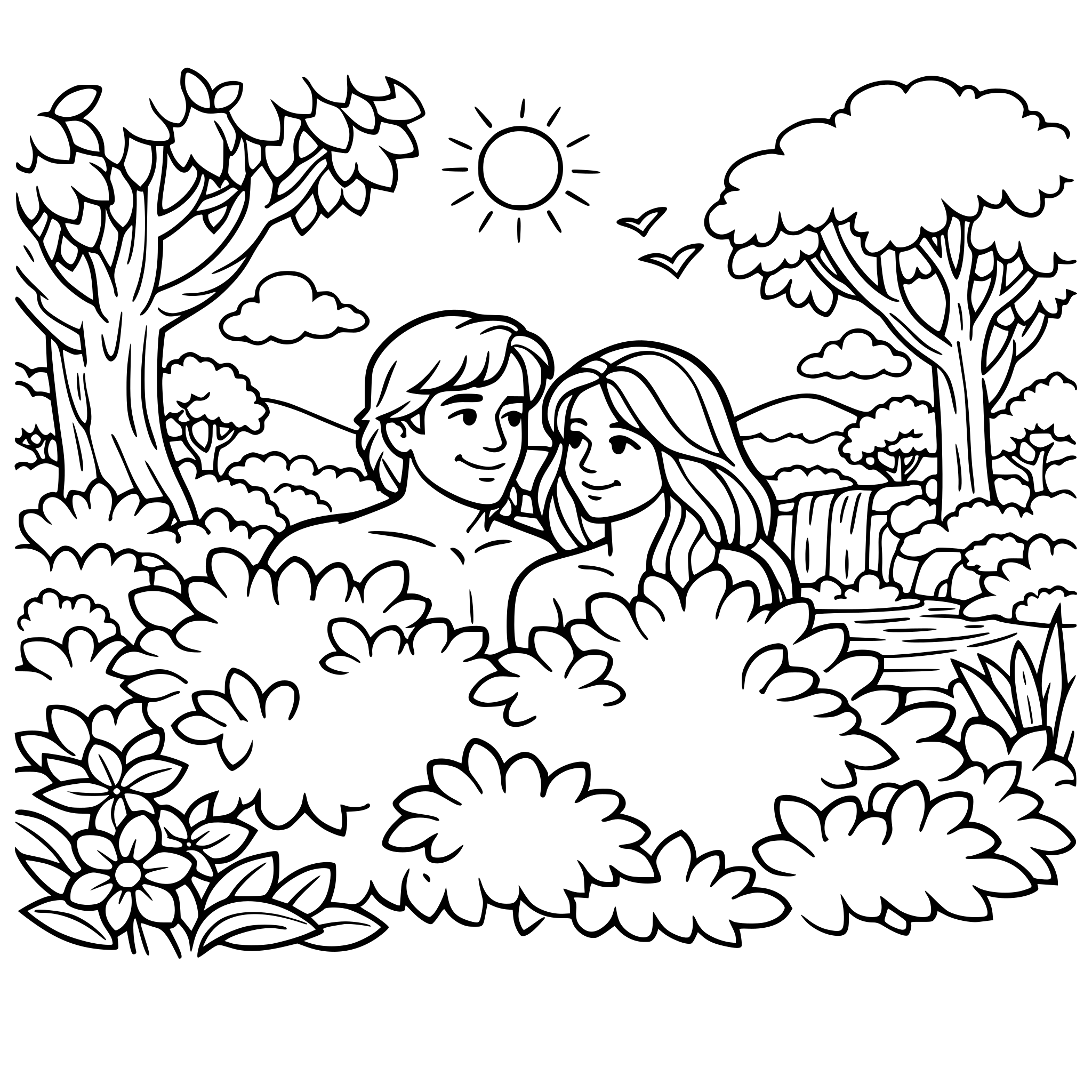 create a design with adam and eve in the garden, put bushes in front of them so it covers their body. Do not include the snake Add trees bushes and landscape elements